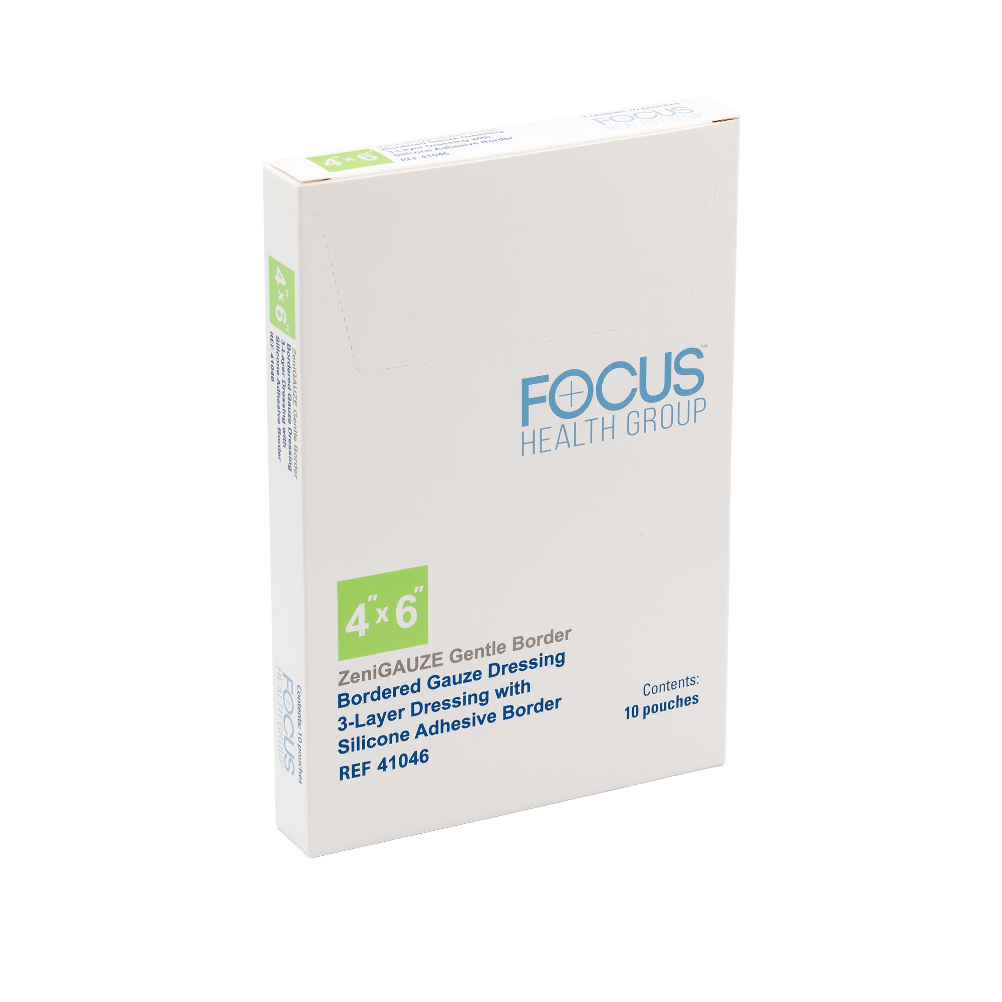 Focus Health Group - 41046 Composite Dressing ZeniGAUZE™ Gentle Border 4 X 6 Inch Rectangle Sterile Polyurethane Film Backing