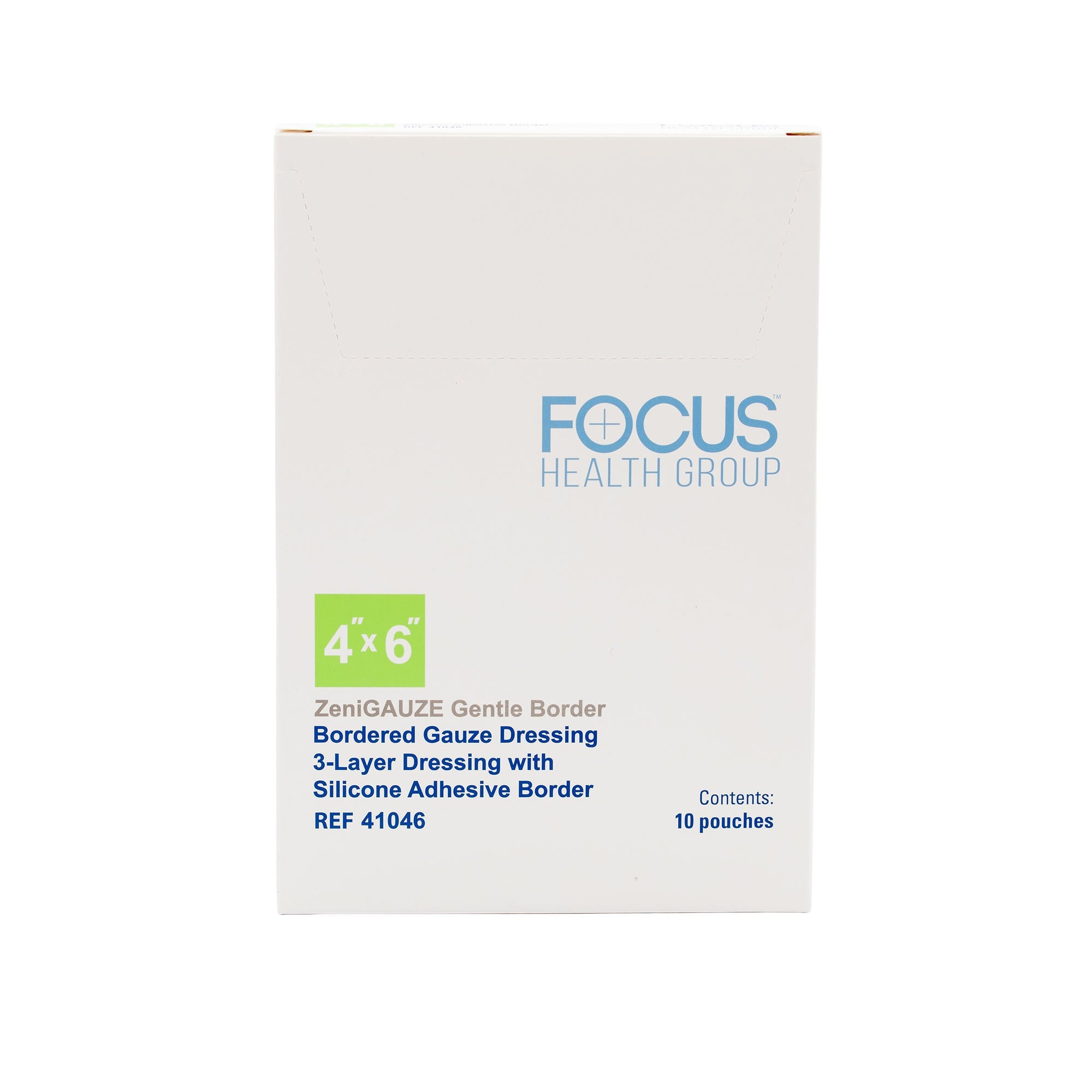 Focus Health Group - 41046 Composite Dressing ZeniGAUZE™ Gentle Border 4 X 6 Inch Rectangle Sterile Polyurethane Film Backing