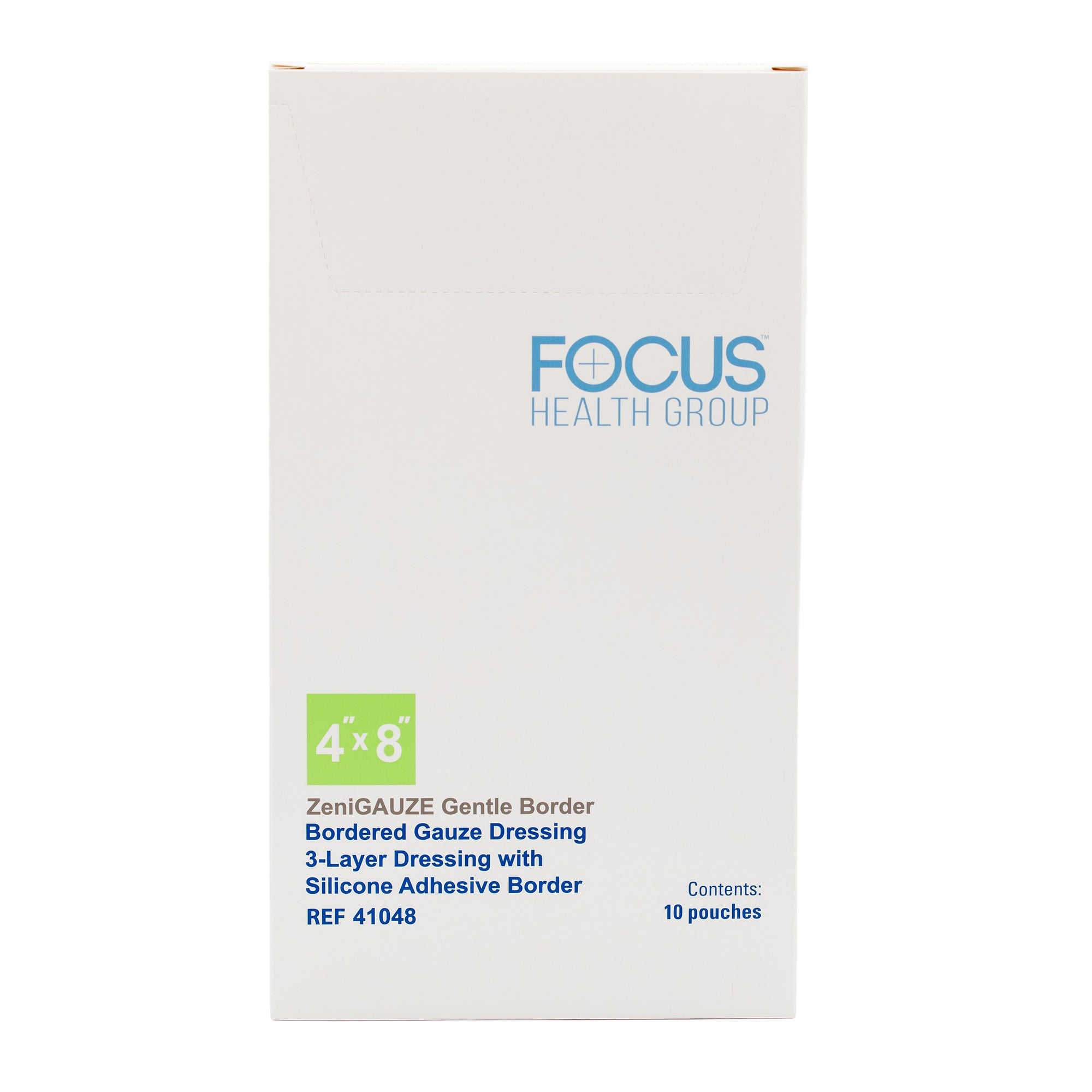Focus Health Group - 41048 Composite Dressing ZeniGAUZE™ Gentle Border 4 X 8 Inch Rectangle Sterile Polyurethane Film Backing