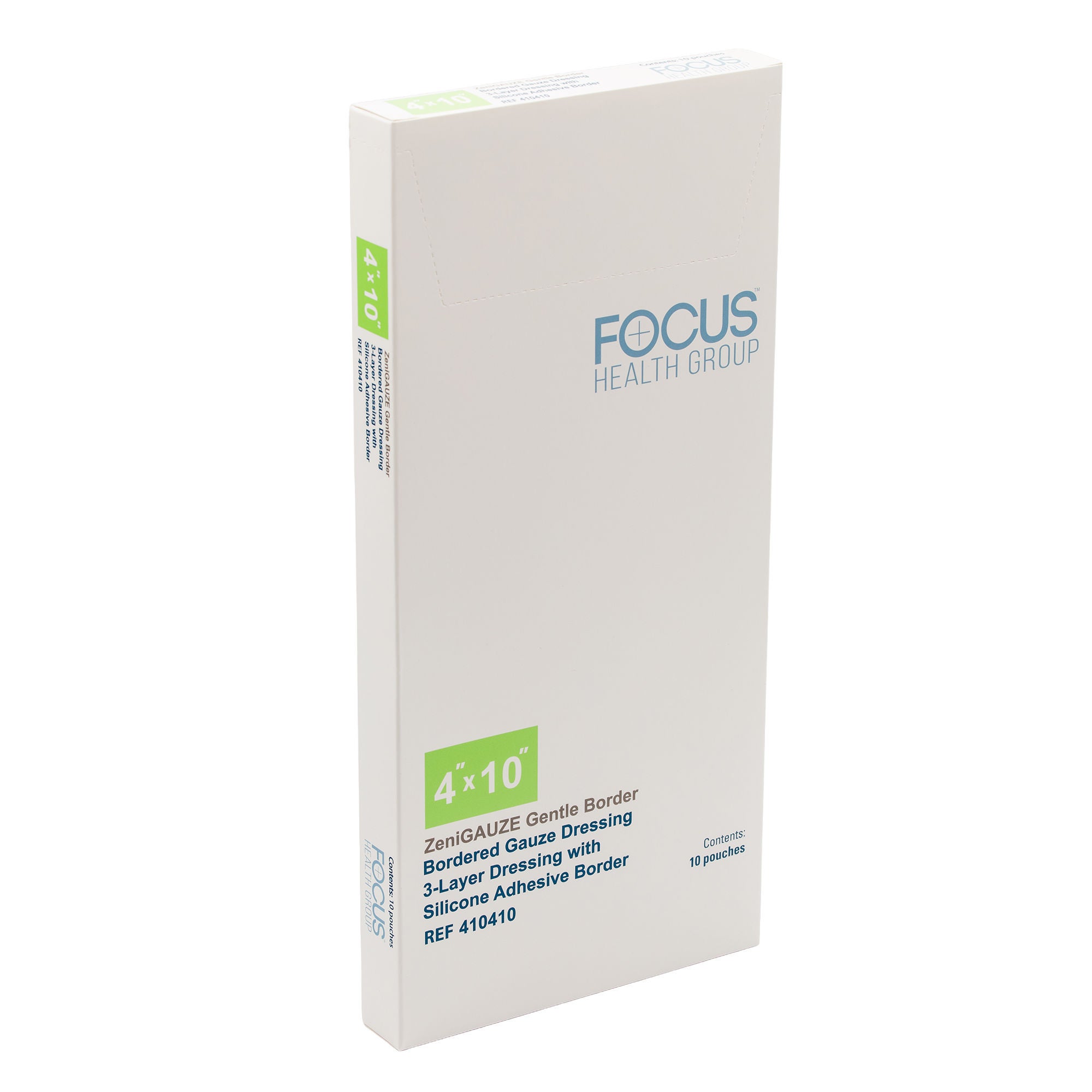 Focus Health Group - 410410 Composite Dressing ZeniGAUZE™ Gentle Border 4 X 10 Inch Rectangle Sterile Polyurethane Film Backing