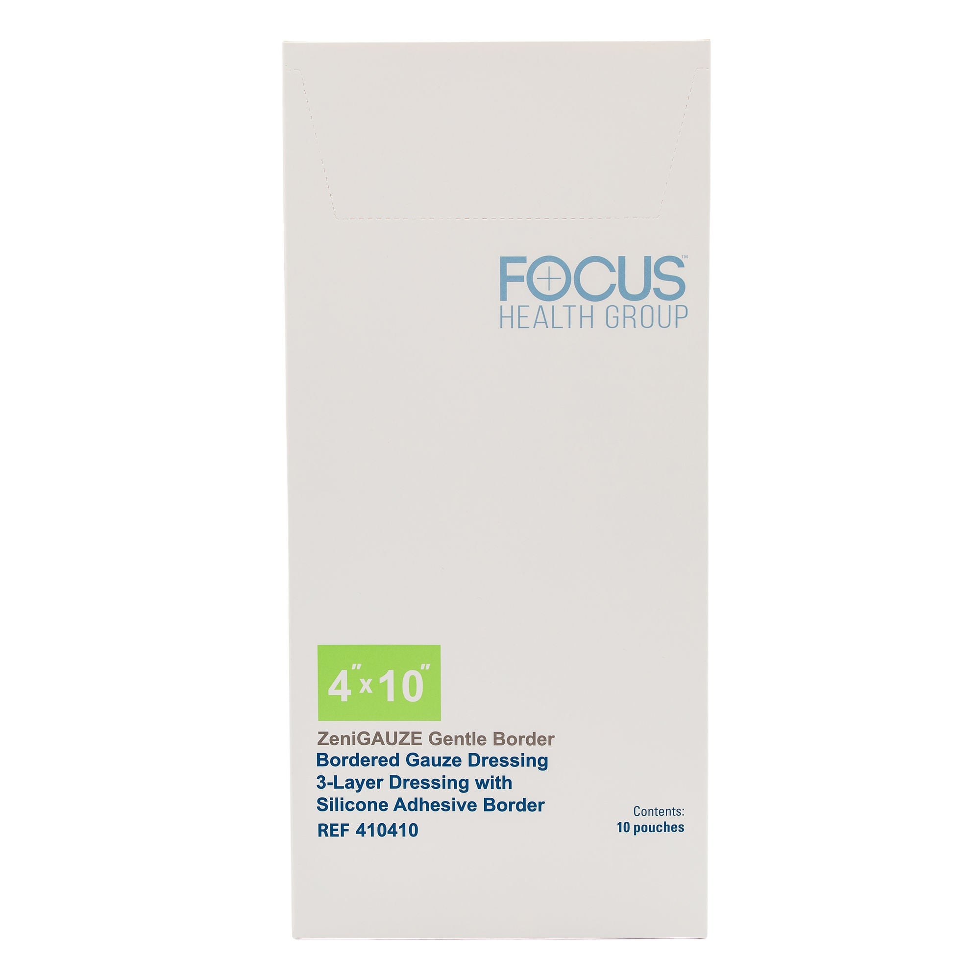 Focus Health Group - 410410 Composite Dressing ZeniGAUZE™ Gentle Border 4 X 10 Inch Rectangle Sterile Polyurethane Film Backing