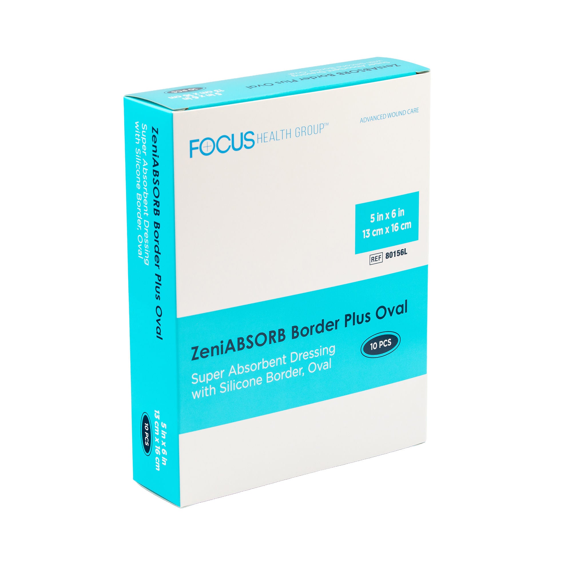Focus Health Group - 80156L Super Absorbent Dressing ZeniABSORB™ Border Plus Oval 5 X 6 Inch With Border Sterile