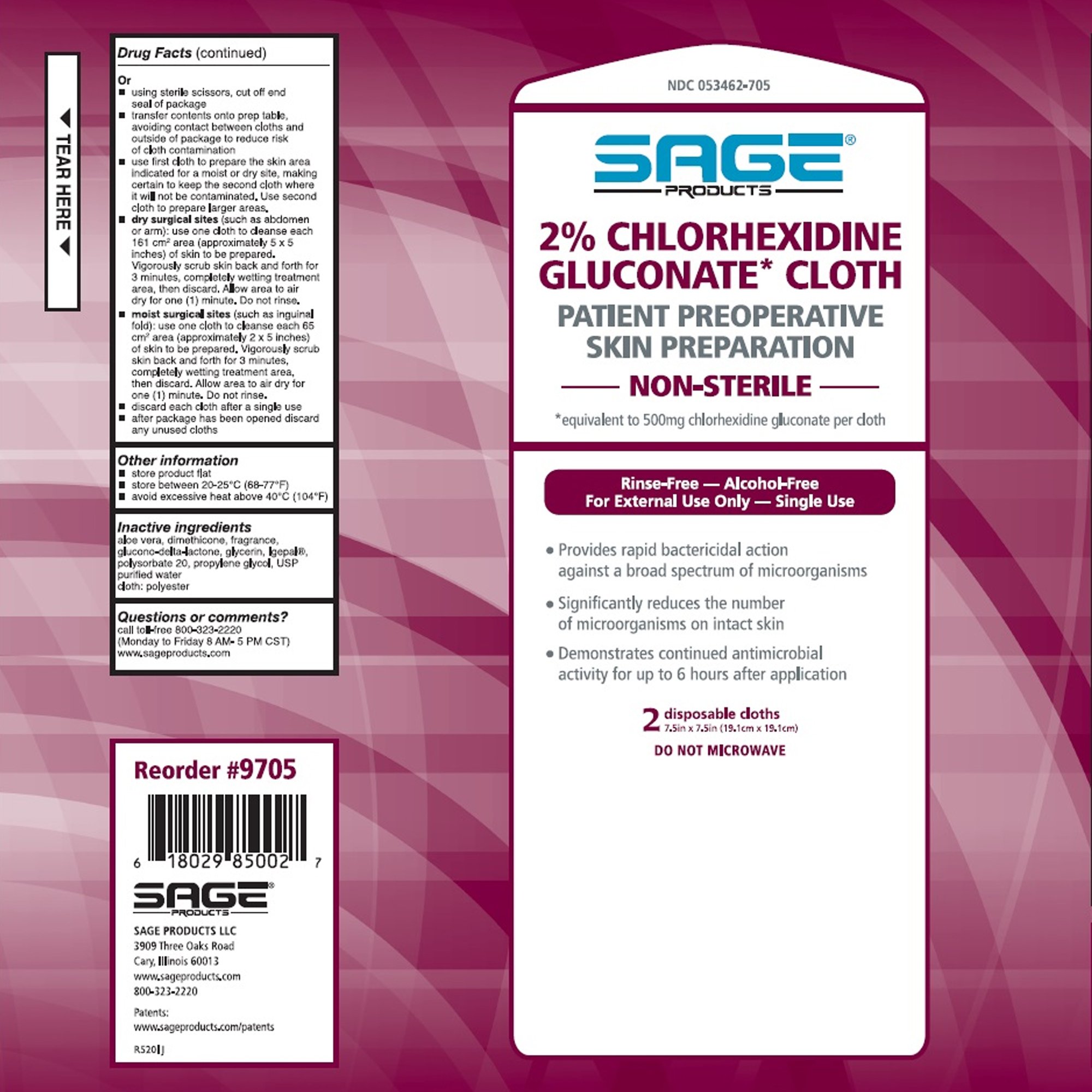 Sage Products - 9705 Skin Prep Wipe Sage 2 per Pack Soft Pack 2% Strength CHG (Chlorhexidine Gluconate) NonSterile