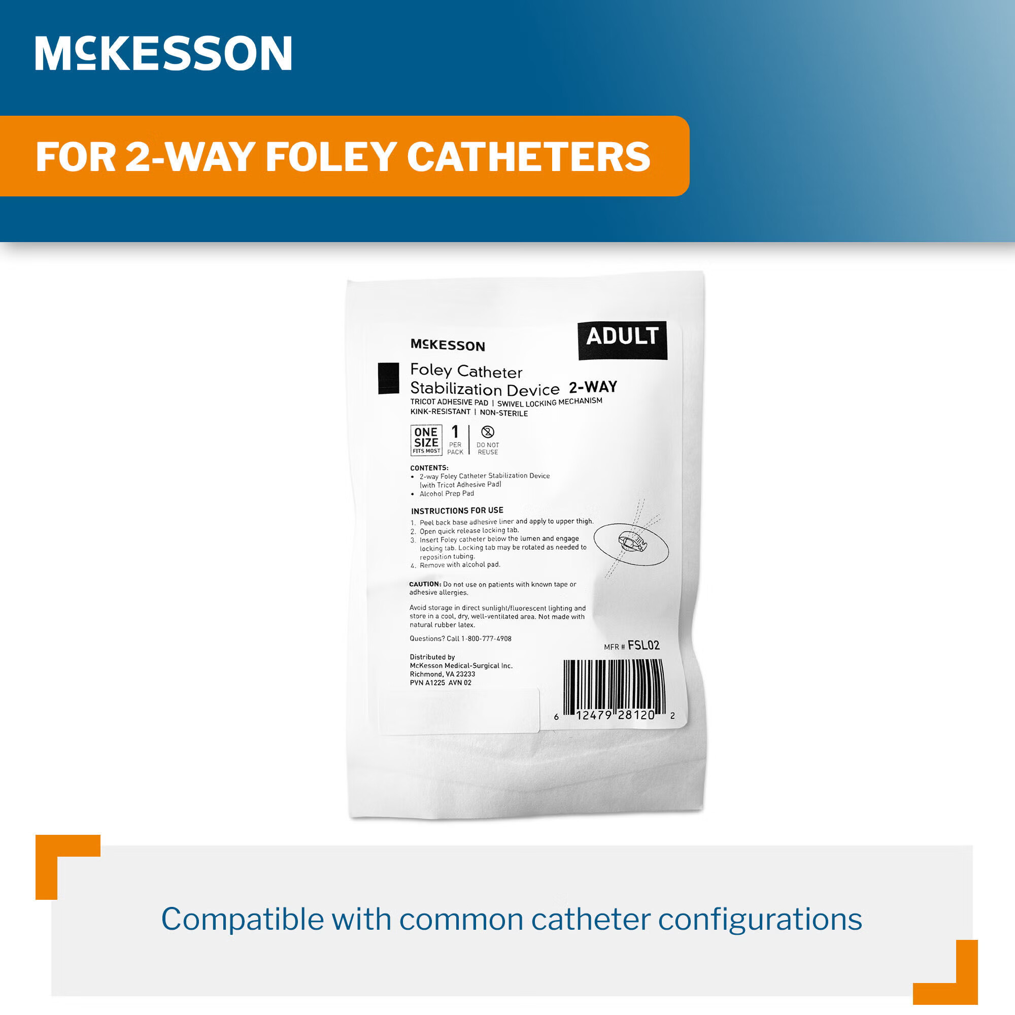 McKesson Brand - FSL02 Foley Catheter Stabilization Device McKesson 2-way Foley Catheter Stabilization Device with Tricot Adhesive Pad, (1) Alcohol Prep Pad, One Size Fits Most, NonSterile For Silicone and Latex Foley Catheters
