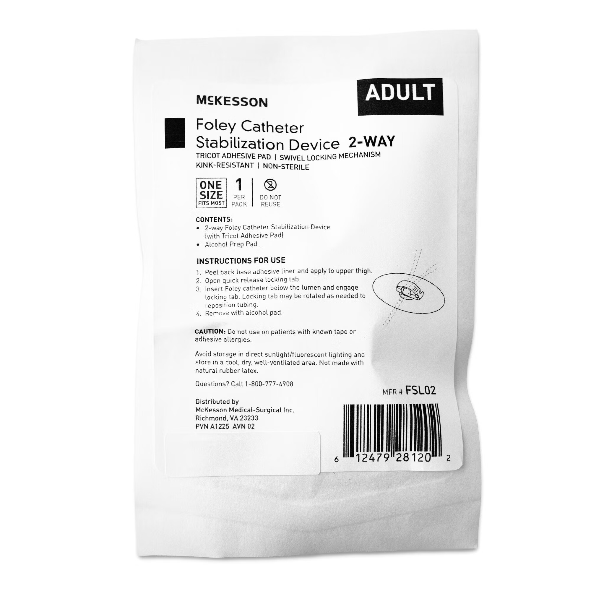 McKesson Brand - FSL02 Foley Catheter Stabilization Device McKesson 2-way Foley Catheter Stabilization Device with Tricot Adhesive Pad, (1) Alcohol Prep Pad, One Size Fits Most, NonSterile For Silicone and Latex Foley Catheters