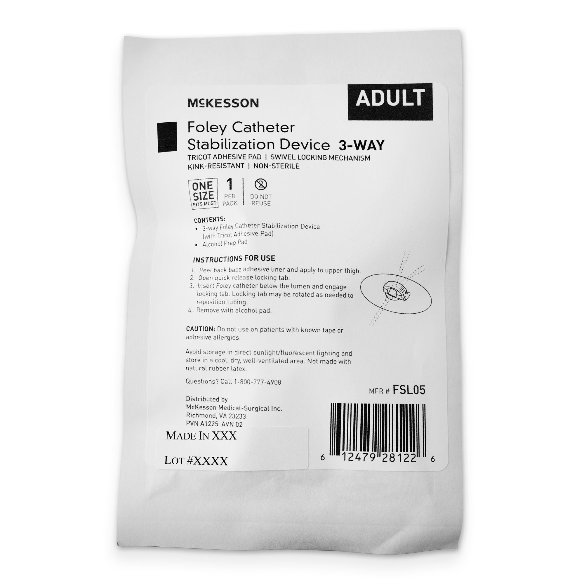 McKesson Brand - FSL05 Foley Catheter Stabilization Device McKesson 3-way Foley Catheter Stabilization Device with Tricot Adhesive Pad, (1) Alcohol Prep Pad, One Size Fits Most, NonSterile For Silicone and Latex Foley Catheters
