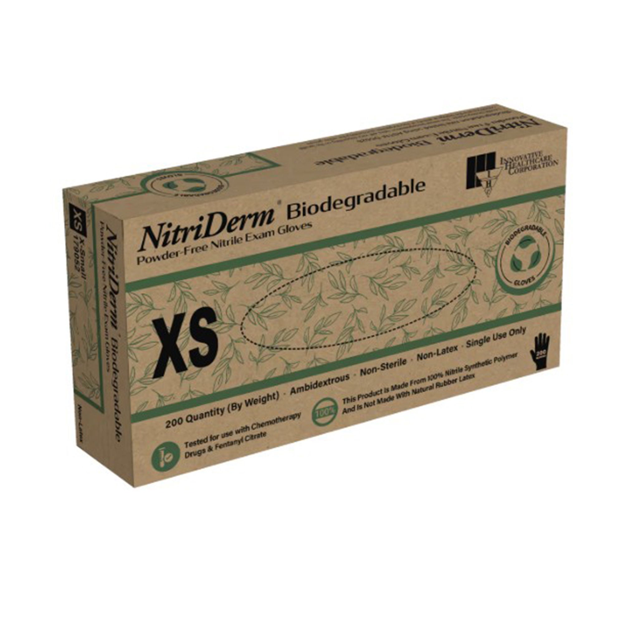 Innovative Healthcare Corp - 179052 Exam Glove NitriDerm® Biodegradable X-Small 200 per Box NonSterile Nitrile Standard Cuff Length Textured Fingertips Green Chemo Tested / Fentanyl Tested