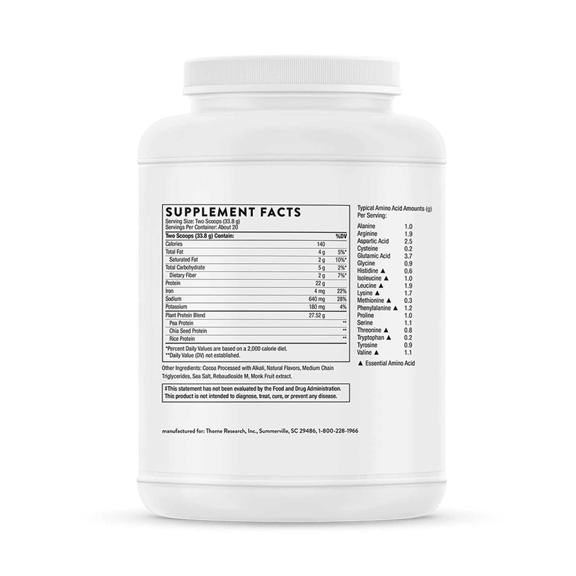 Thorne Research Inc - SP119 Oral Supplement THORNE® Plant Protein Chocolate Flavor Powder 23.8 oz. Canister