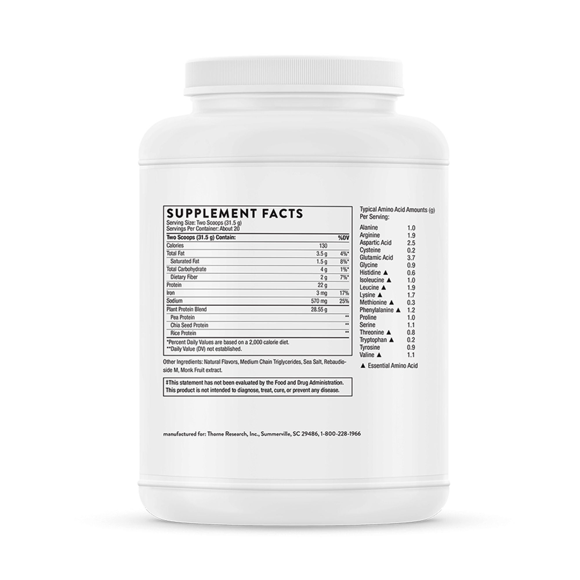 Thorne Research Inc - SP120 Oral Supplement THORNE® Plant Protein Vanilla Flavor Powder 22.2 oz. Canister