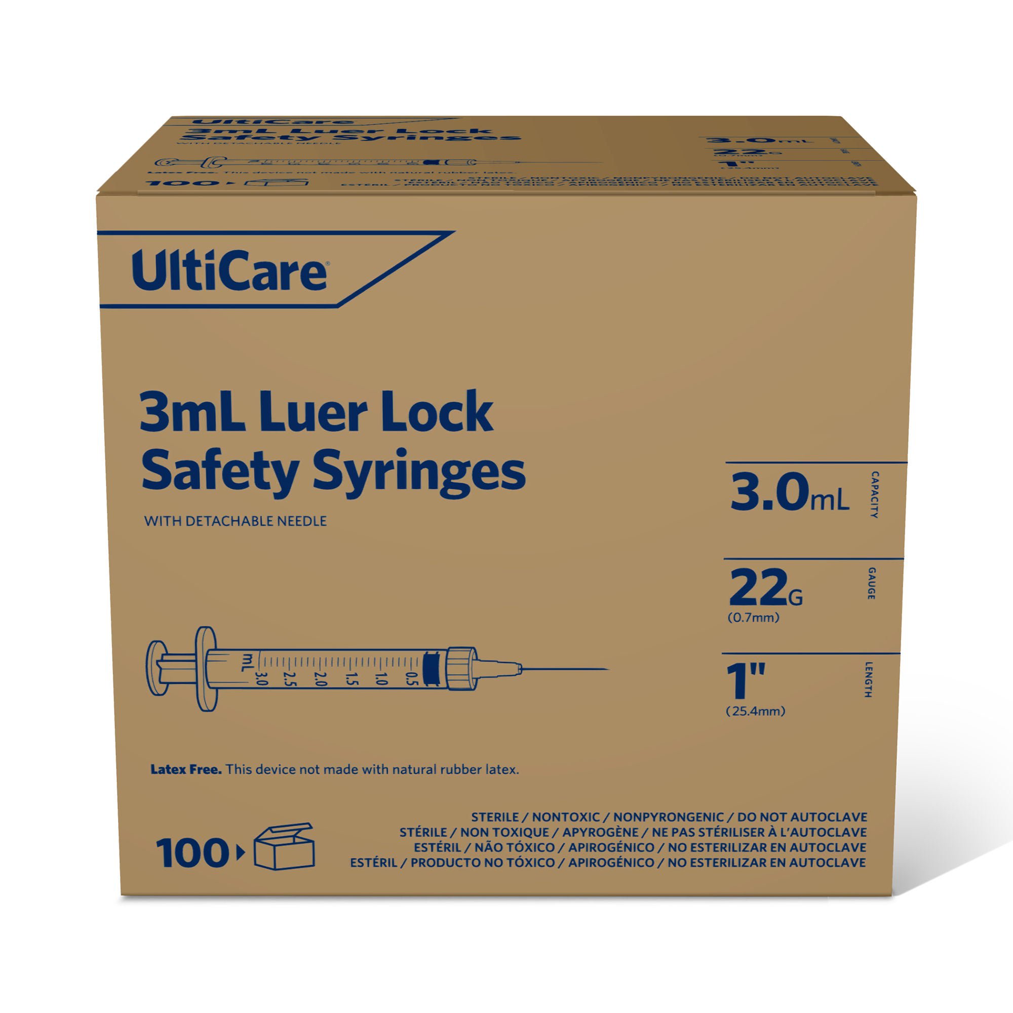 Ultimed - 63004 Safety Syringe with Hypodermic Needle UltiCare 3 mL 1 Inch 22 Gauge Safety Cap Regular Wall