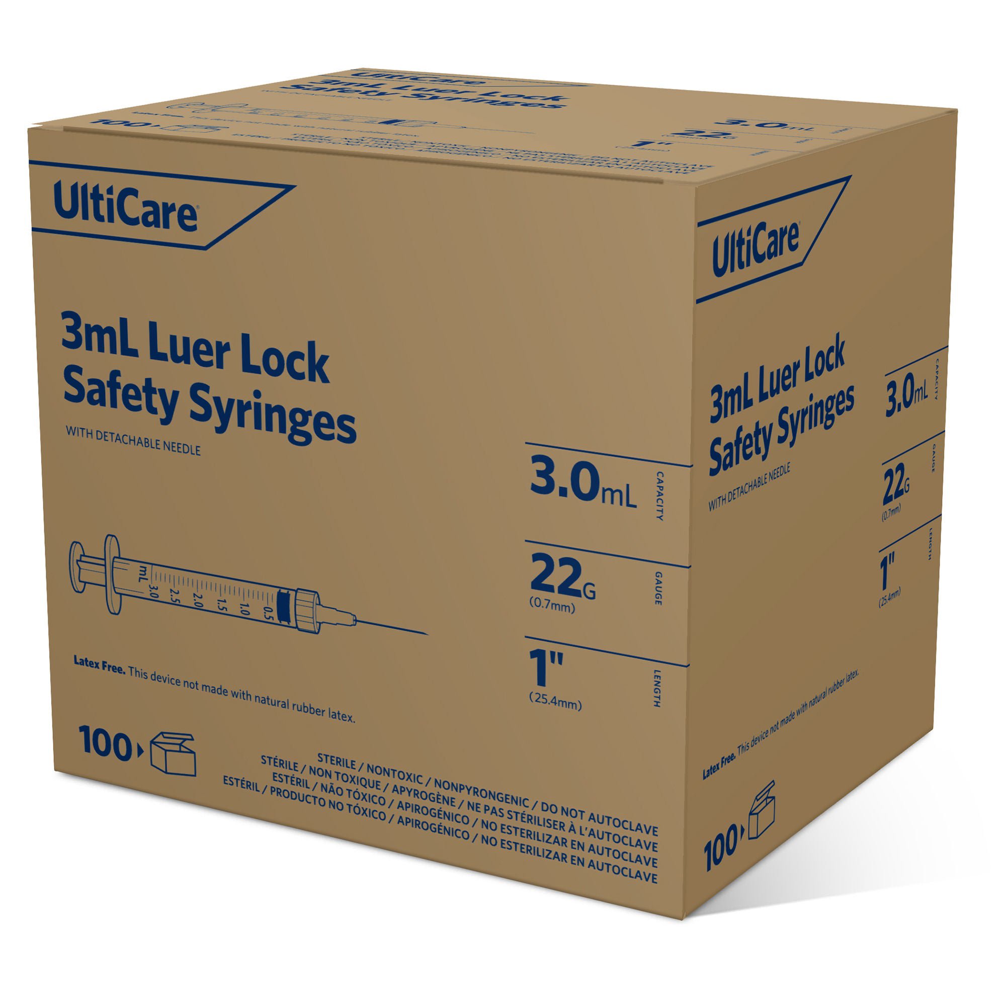 Ultimed - 63004 Safety Syringe with Hypodermic Needle UltiCare 3 mL 1 Inch 22 Gauge Safety Cap Regular Wall