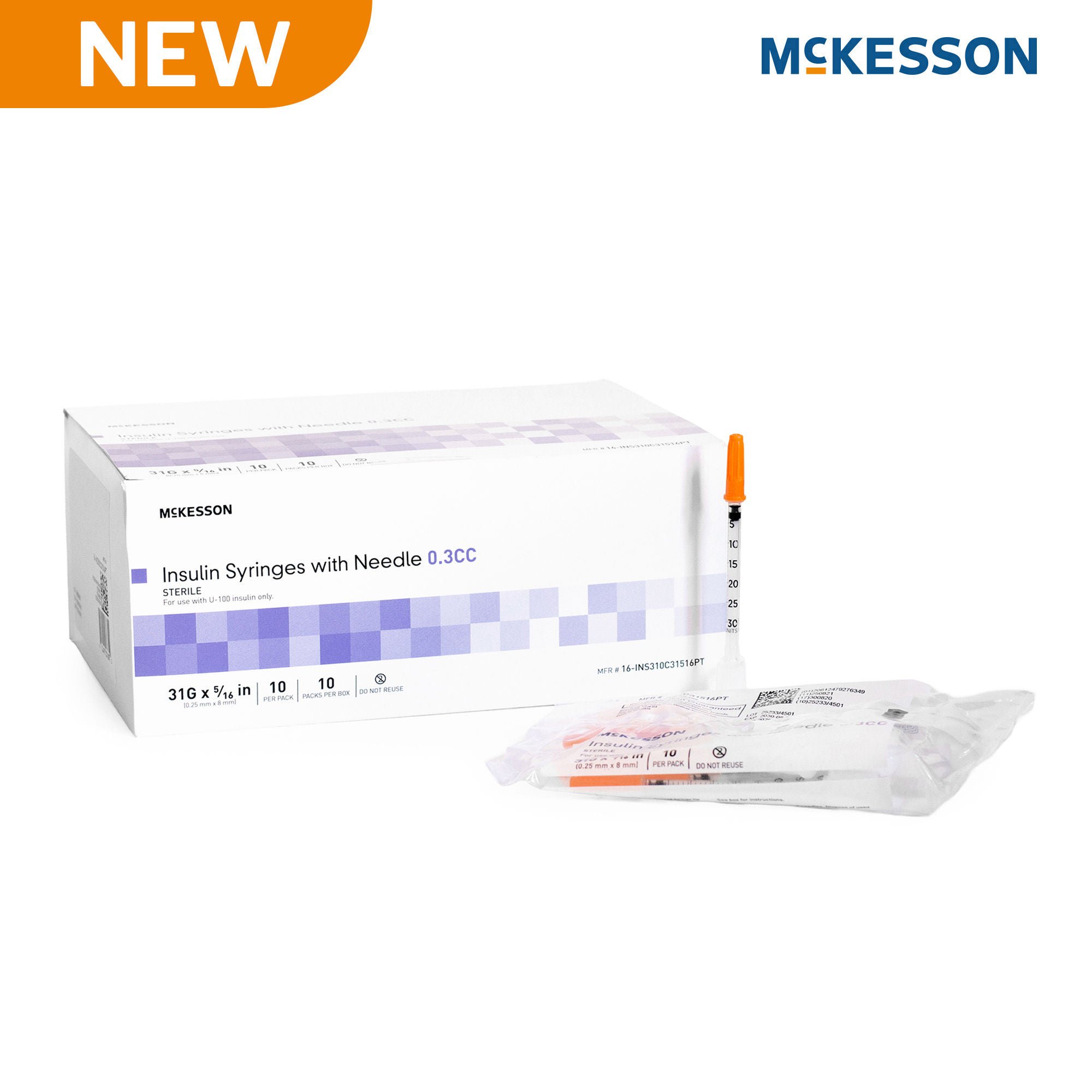 McKesson Brand - 16-INS310C31516PT Standard Insulin Syringe with Needle McKesson 0.3 mL 5/16 Inch 31 Gauge NonSafety