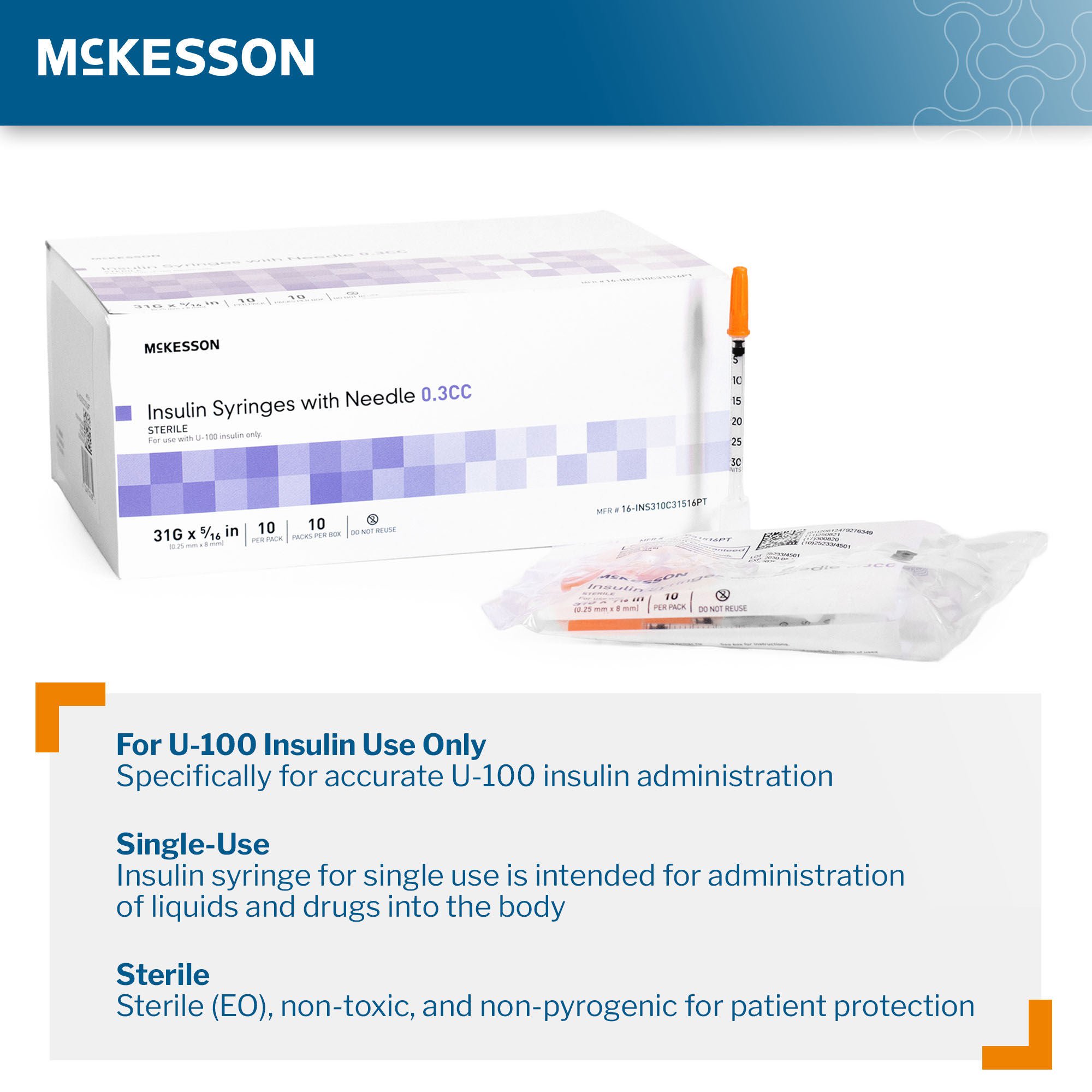 McKesson Brand - 16-INS310C31516PT Standard Insulin Syringe with Needle McKesson 0.3 mL 5/16 Inch 31 Gauge NonSafety