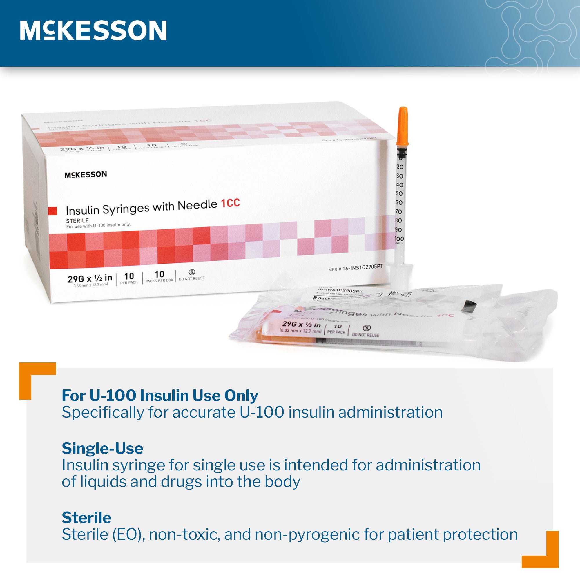 McKesson Brand - 16-INS1C2905PT Standard Insulin Syringe with Needle McKesson 1 mL 1/2 Inch 29 Gauge NonSafety