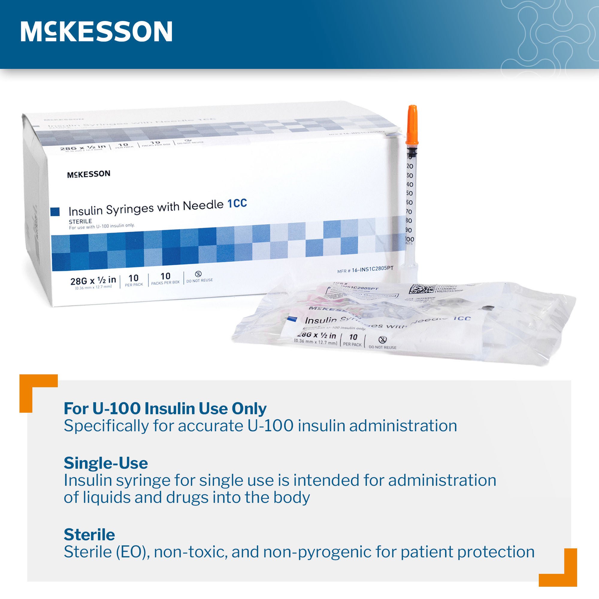 McKesson Brand - 16-INS1C2805PT Standard Insulin Syringe with Needle McKesson 1 mL 1/2 Inch 28 Gauge NonSafety