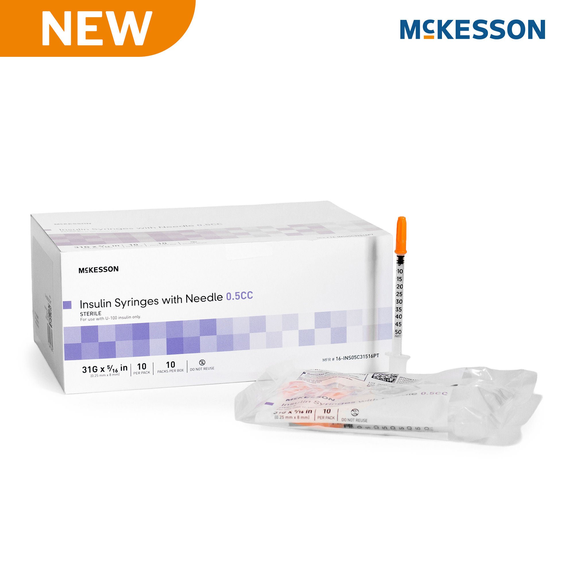 McKesson Brand - 16-INS05C31516PT Standard Insulin Syringe with Needle McKesson 0.5 mL 5/16 Inch 31 Gauge NonSafety