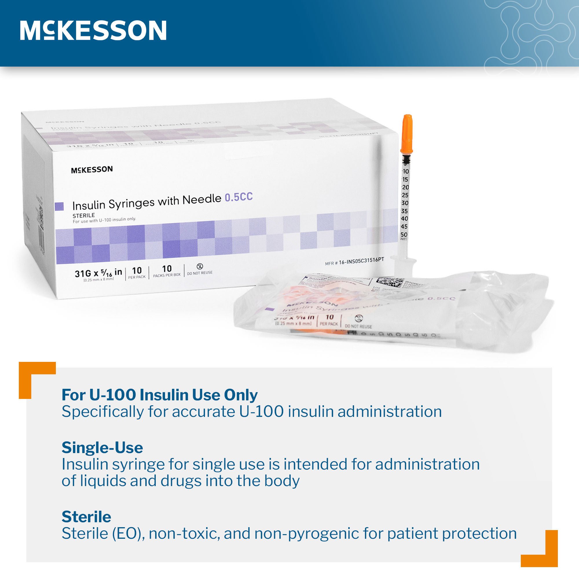McKesson Brand - 16-INS05C31516PT Standard Insulin Syringe with Needle McKesson 0.5 mL 5/16 Inch 31 Gauge NonSafety