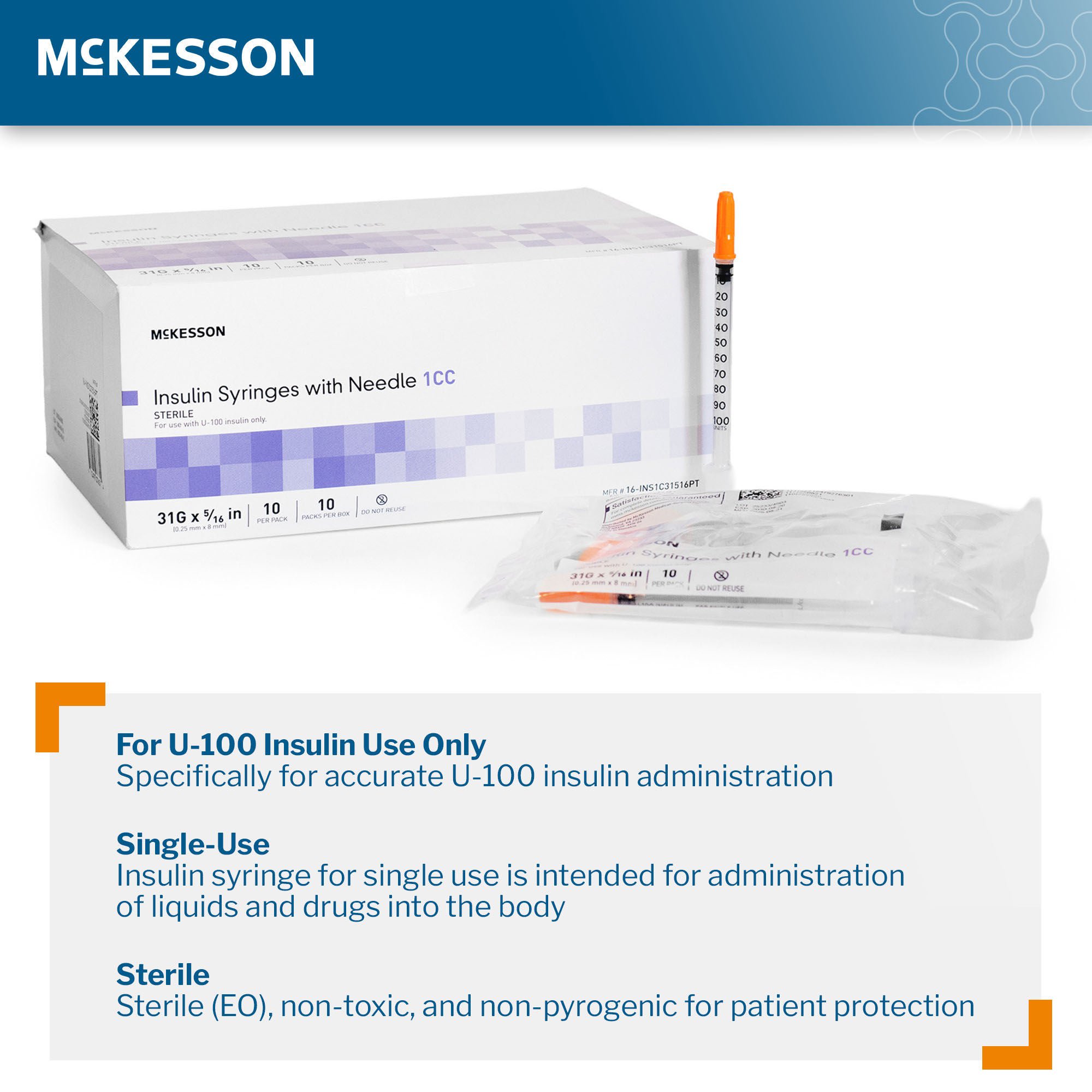 McKesson Brand - 16-INS1C31516PT Standard Insulin Syringe with Needle McKesson 1 mL 5/16 Inch 31 Gauge NonSafety