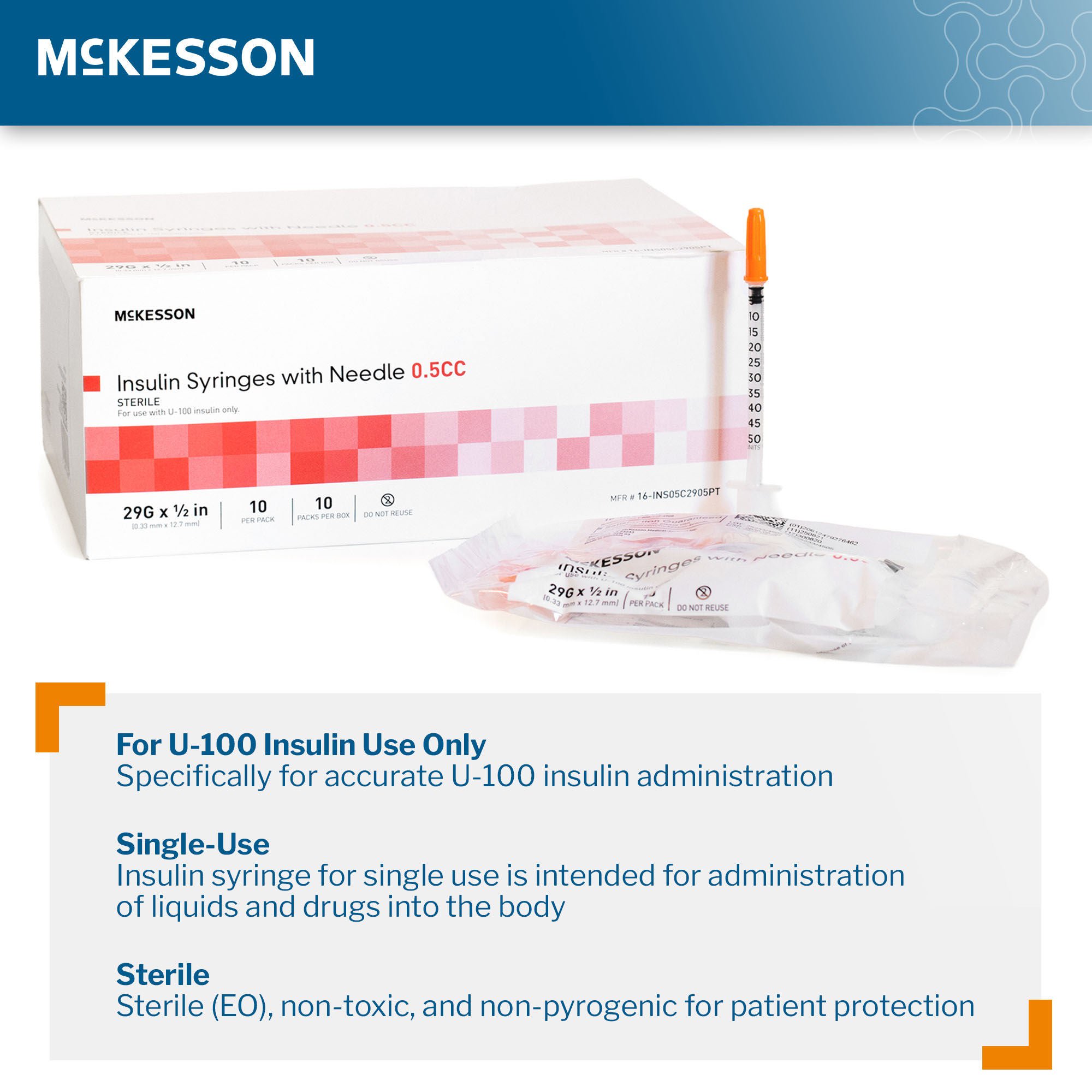 McKesson Brand - 16-INS05C2905PT Standard Insulin Syringe with Needle McKesson 0.5 mL 1/2 Inch 29 Gauge NonSafety