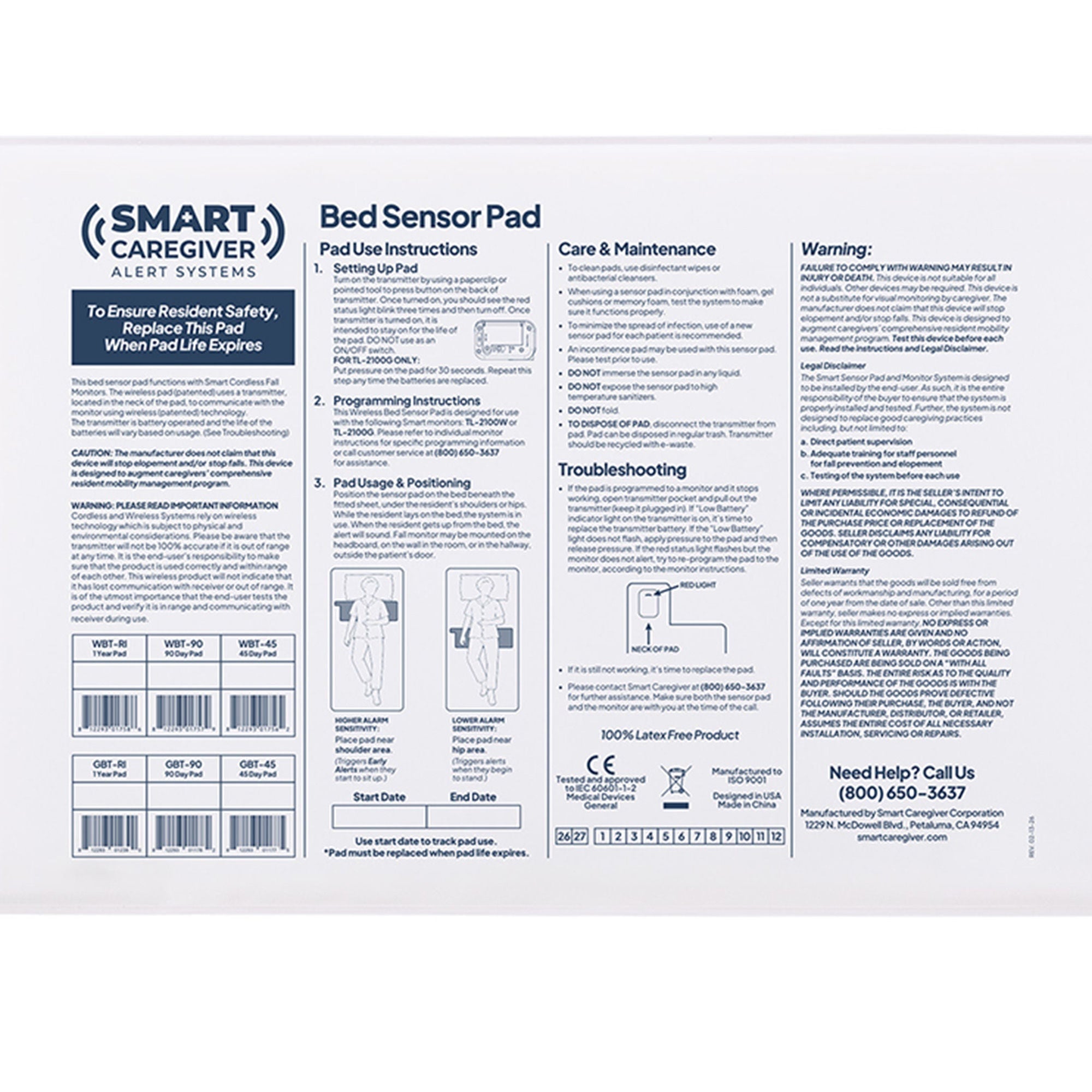 Smart Caregiver - WBR1-SYS Alarm System with Bed Sensor Pad Smart Caregiver™ 10 X 30 Inch