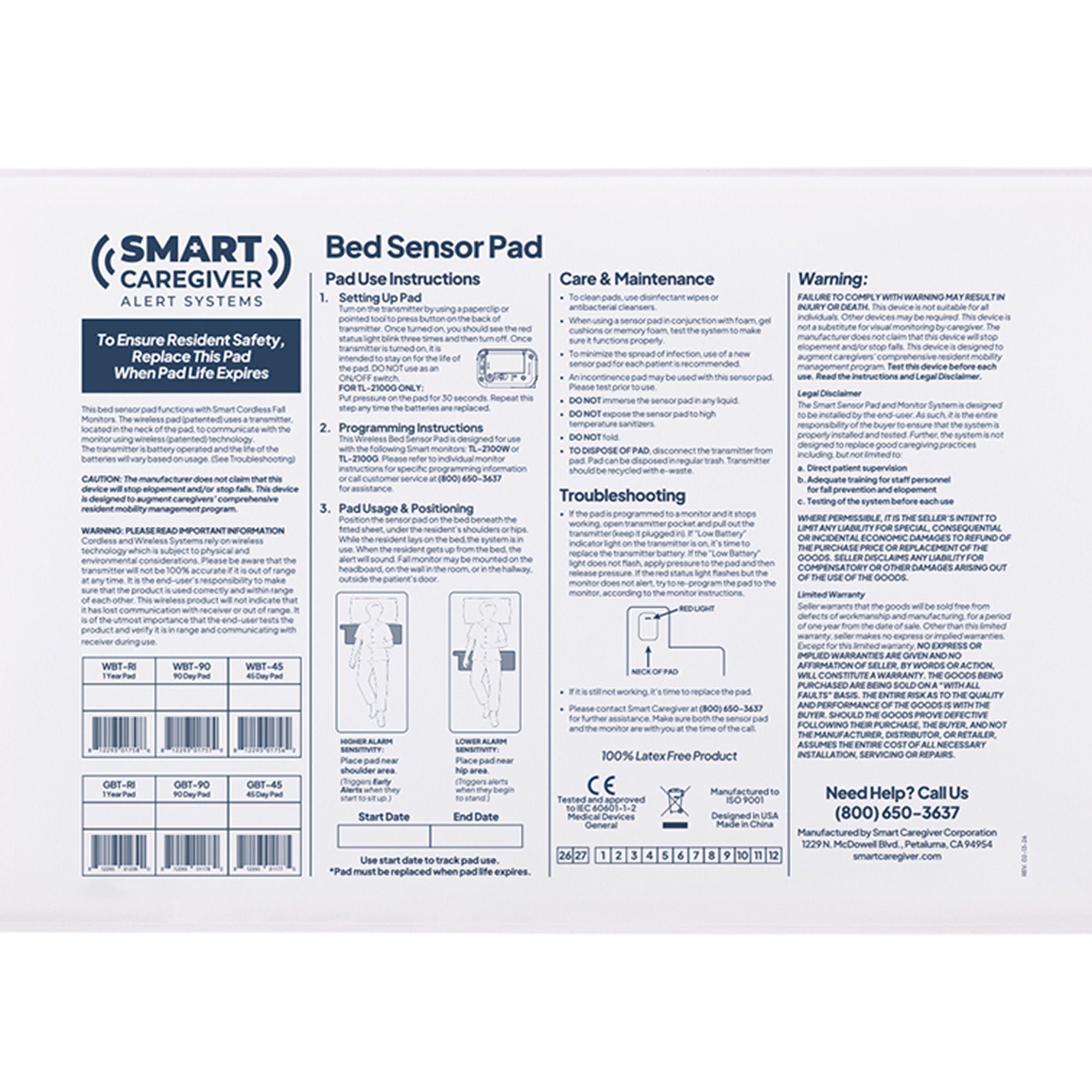 Smart Caregiver - WBT-45 Bed Sensor Pad CordLess® 10 X 30 Inch