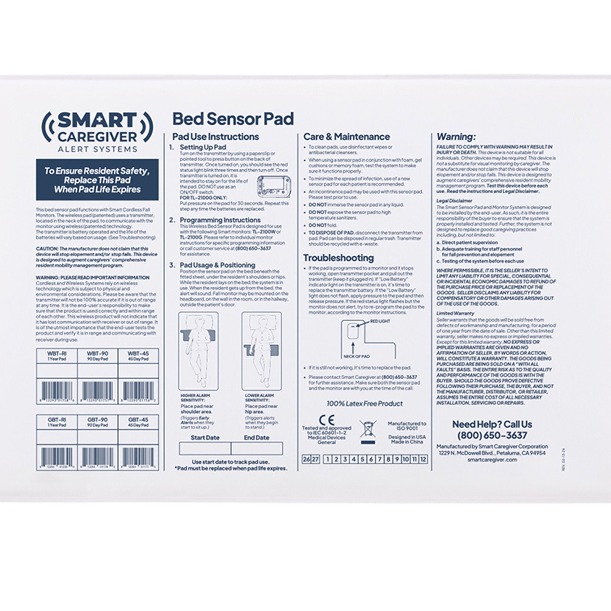 Smart Caregiver - WBT-90 Bed Sensor Pad CordLess® 10 X 30 Inch
