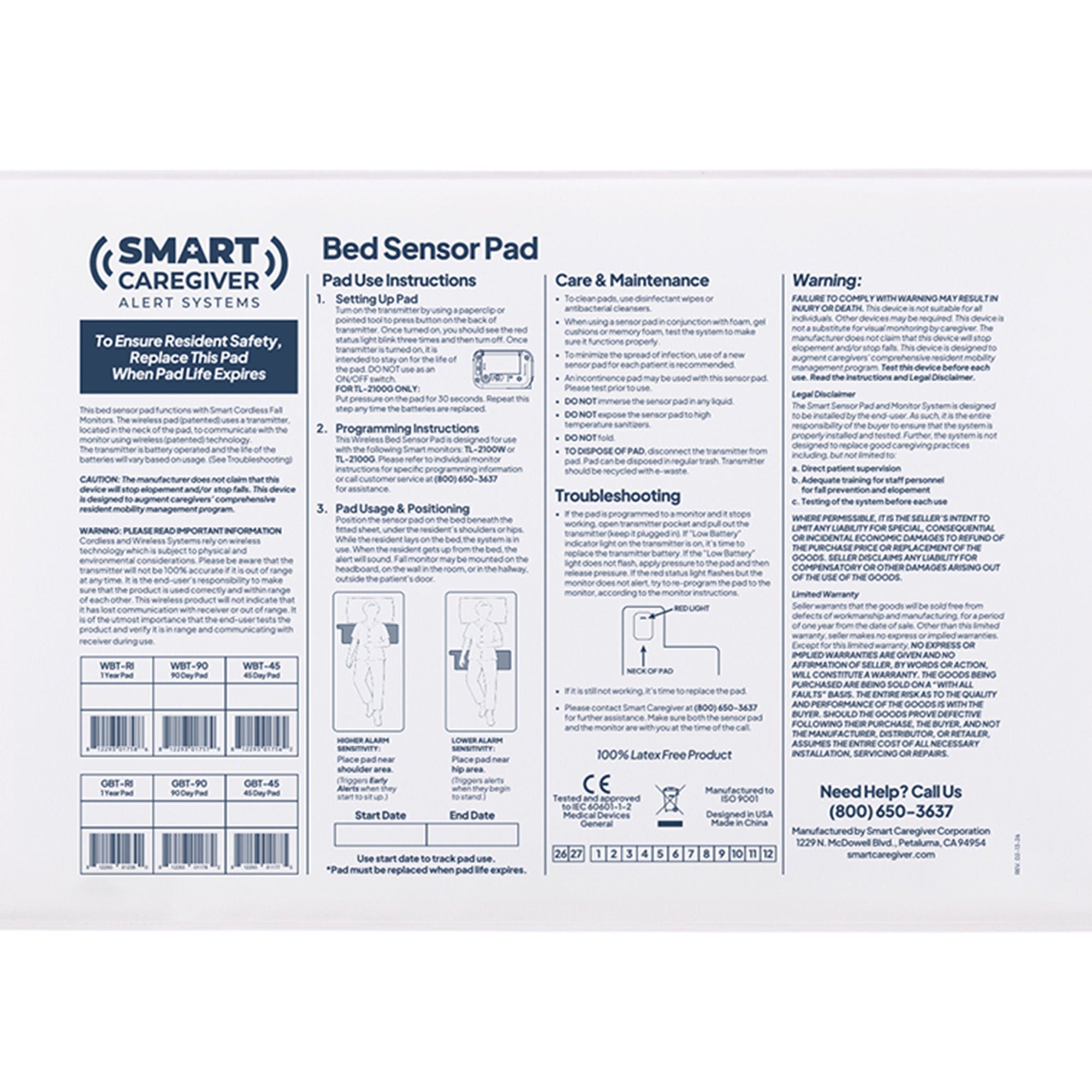 Smart Caregiver - WBT-RI Bed Sensor Pad CordLess® 10 X 30 Inch