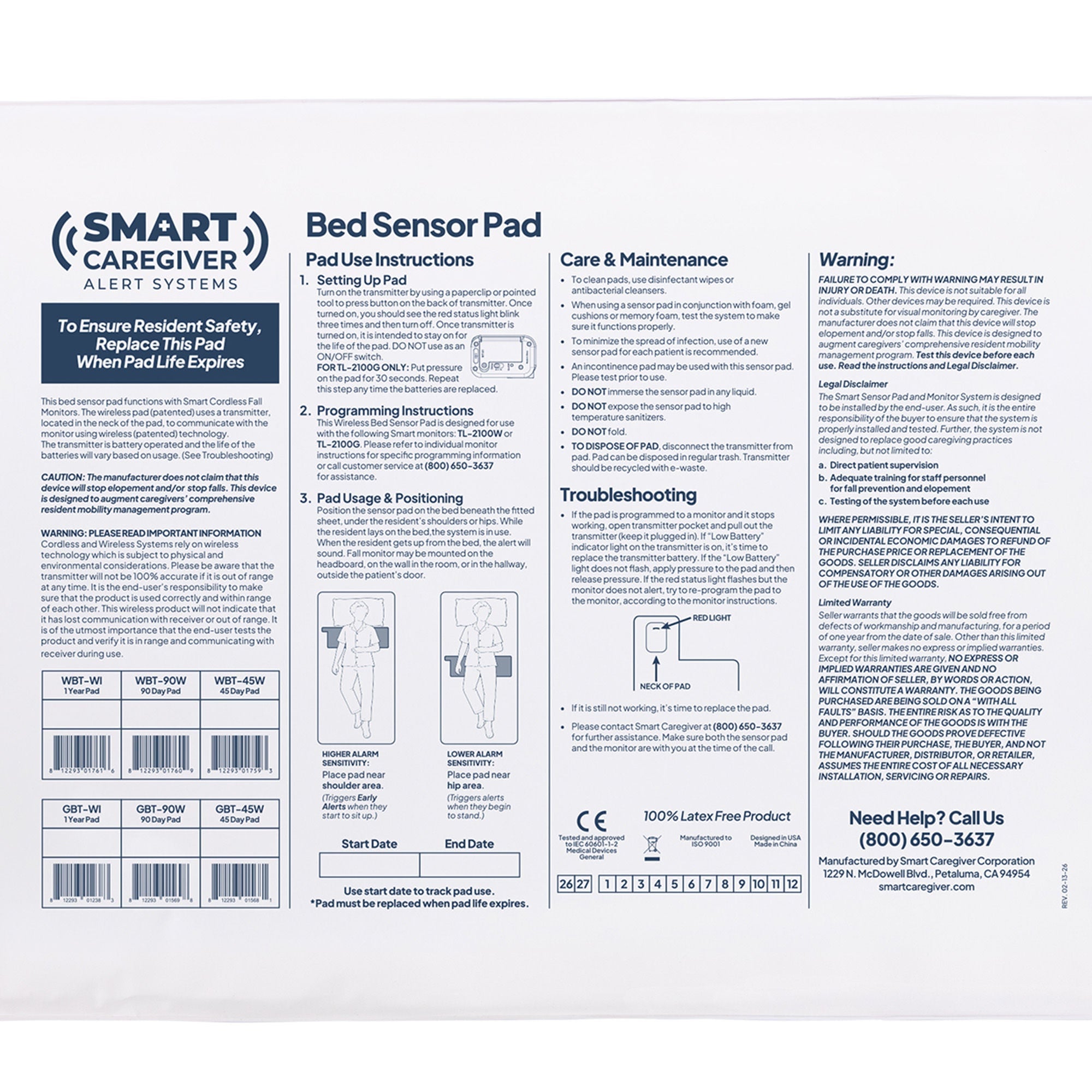 Smart Caregiver - WBT-45W Bed Sensor Pad CordLess® 20 X 30 Inch