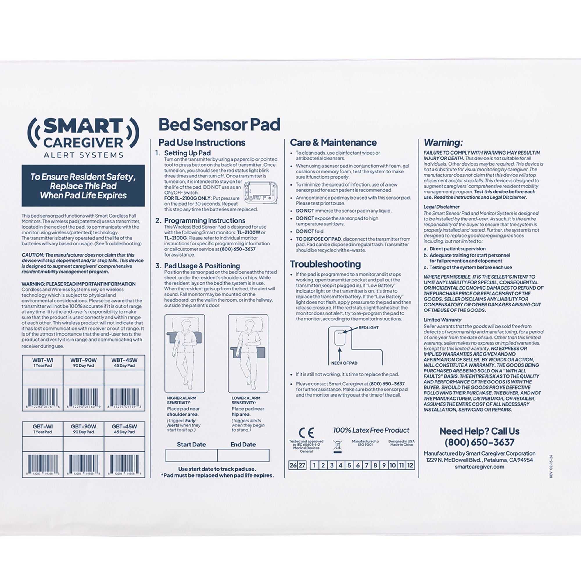Smart Caregiver - WBT-90W Bed Sensor Pad CordLess® 20 X 30 Inch