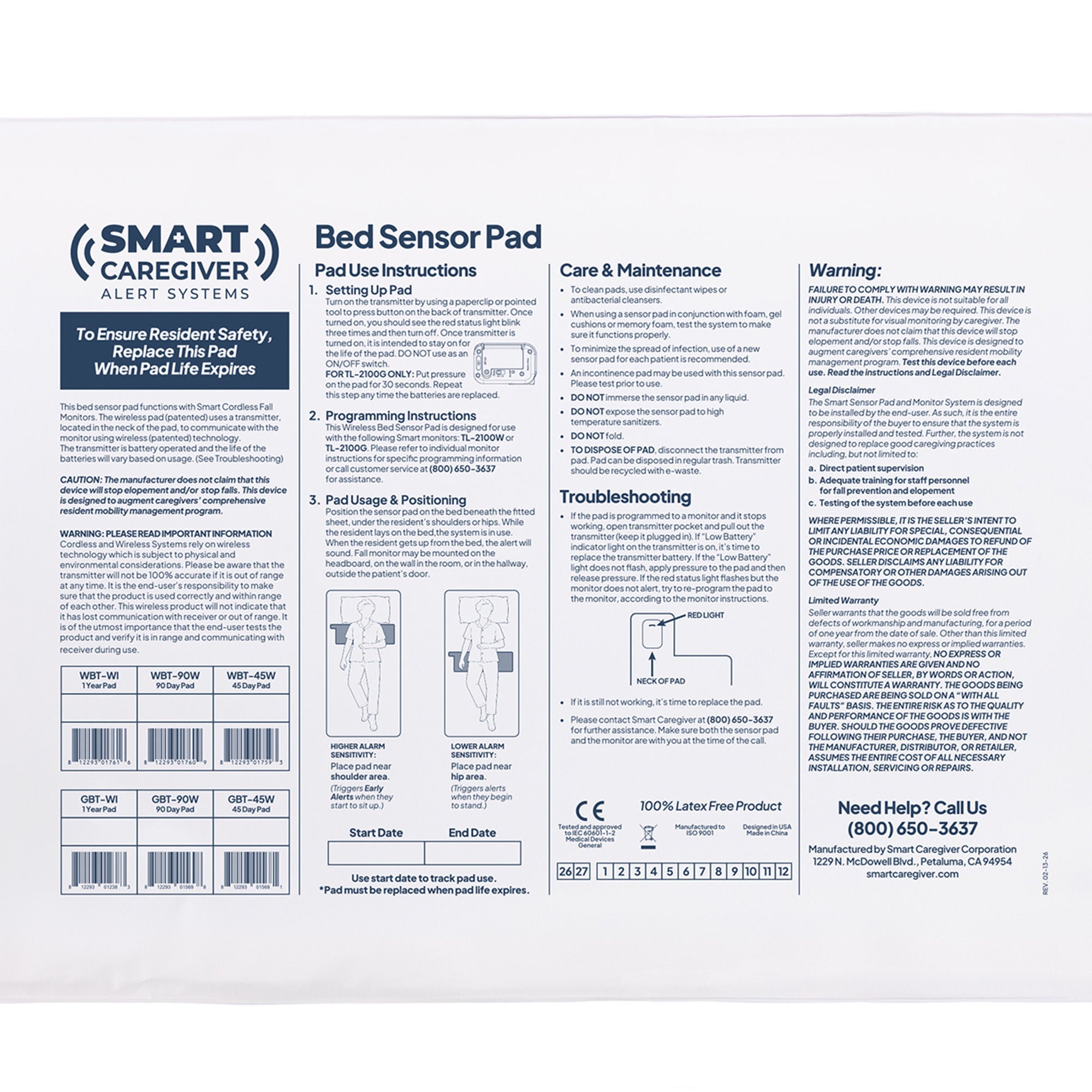 Smart Caregiver - WBT-WI Bed Sensor Pad CordLess® 20 X 30 Inch