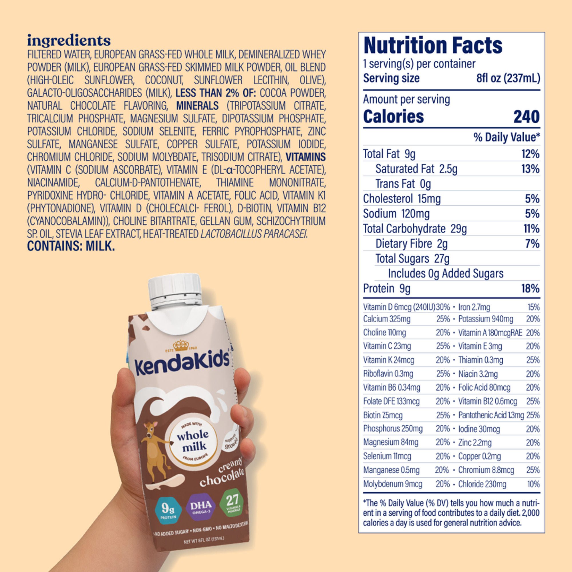 Kendal Nutricare USA LLC - 92000074 Pediatric Oral Supplement Kendakids® Vita-Boost Shake Creamy Chocolate Flavor 8 oz. Carton Liquid Vitamins / Minerals
