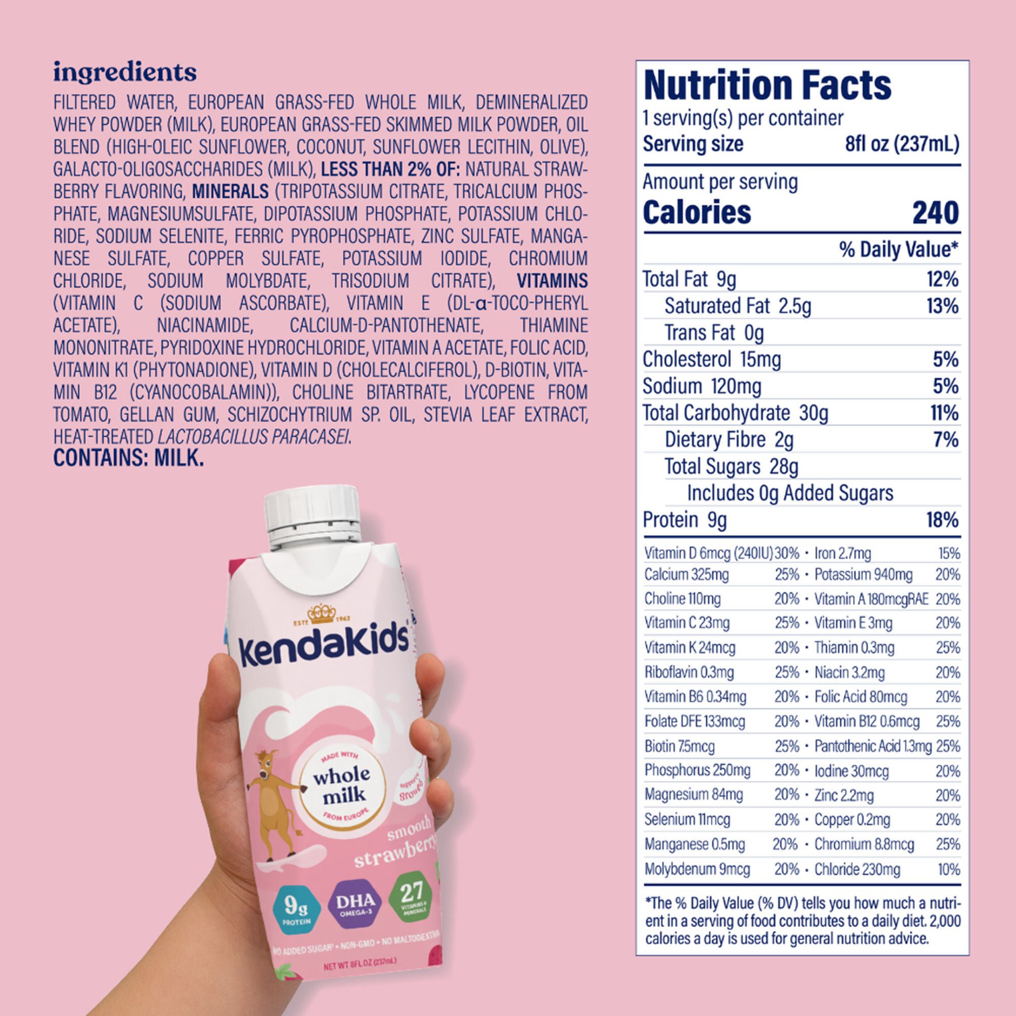 Kendal Nutricare USA LLC - 92000075 Pediatric Oral Supplement Kendakids® Vita-Boost Shake Smooth Strawberry Flavor 8 oz. Carton Liquid Vitamins / Minerals
