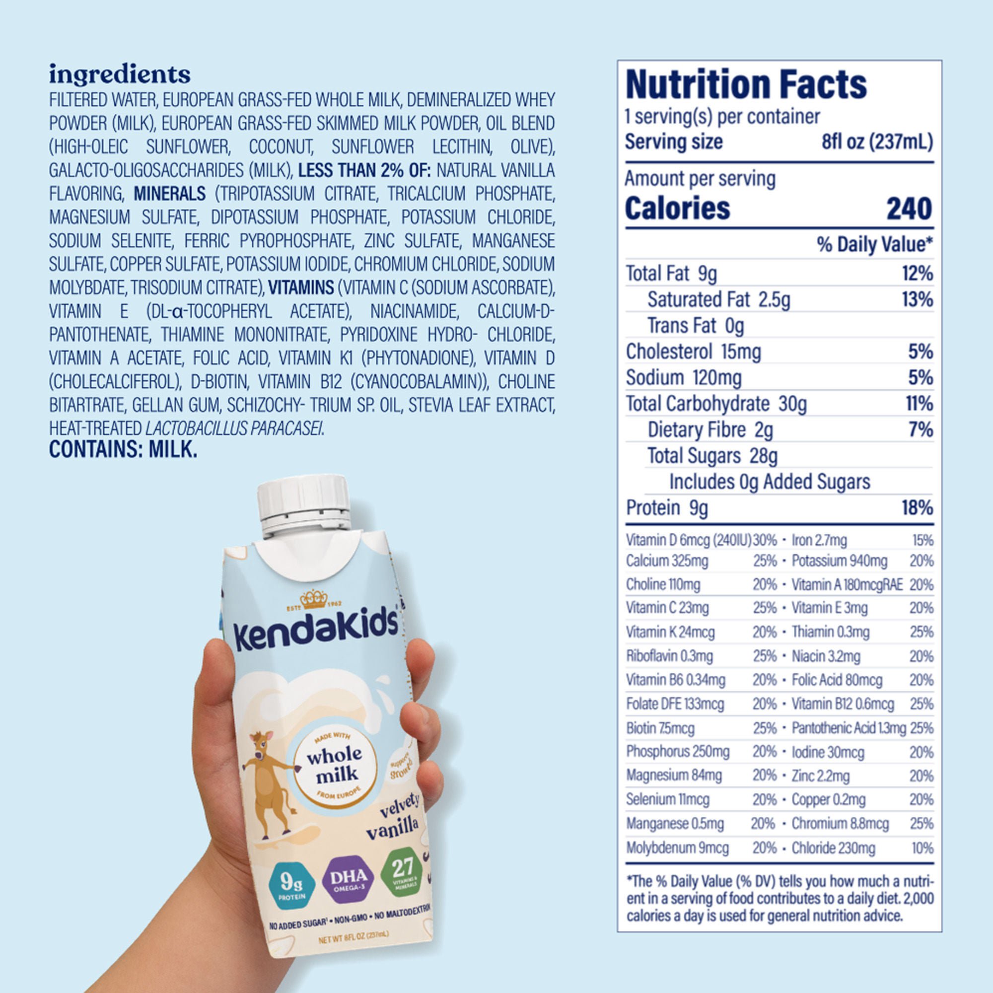 Kendal Nutricare USA LLC - 92000073 Pediatric Oral Supplement Kendakids® Vita-Boost Shake Velvety Vanilla Flavor 8 oz. Carton Liquid Vitamins / Minerals