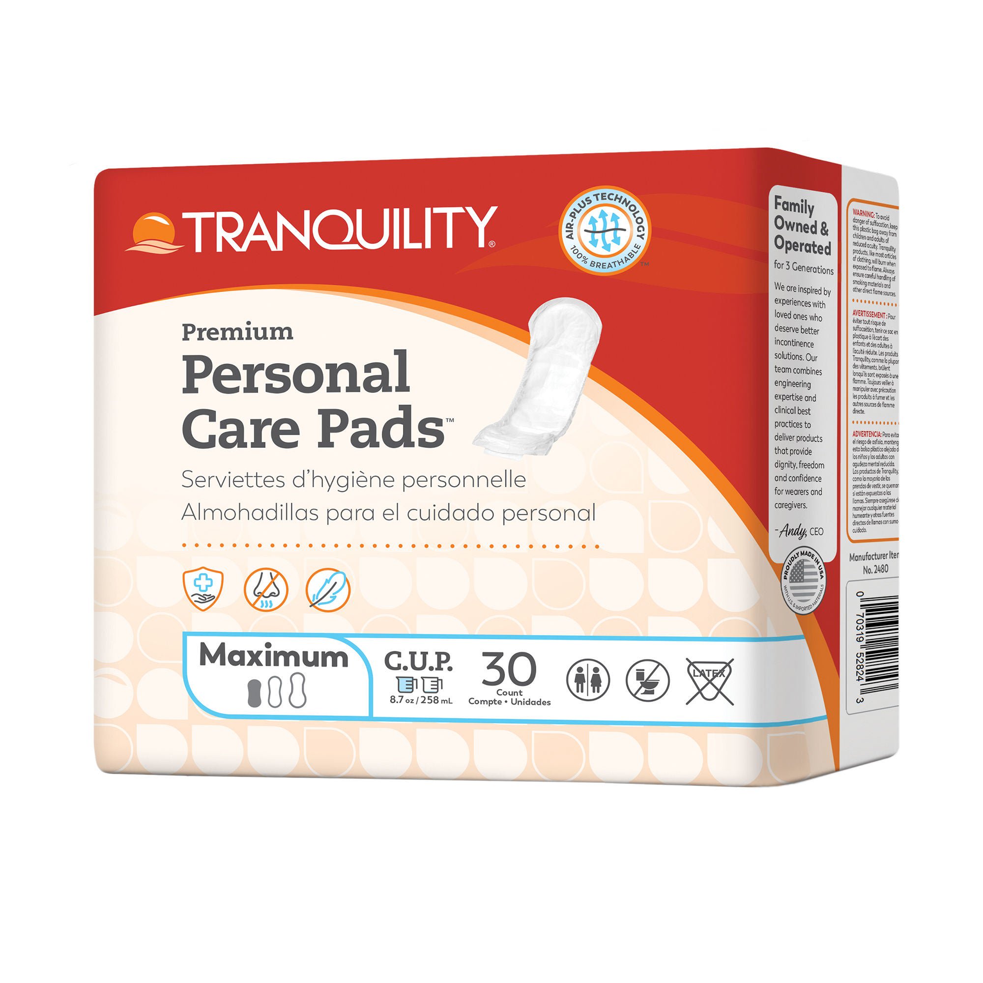 Principle Business Enterprises - 2480 Bladder Control Pad Tranquility® Premium Maximum 12 Inch Length Heavy Absorbency Super Absorbent Core One Size Fits Most
