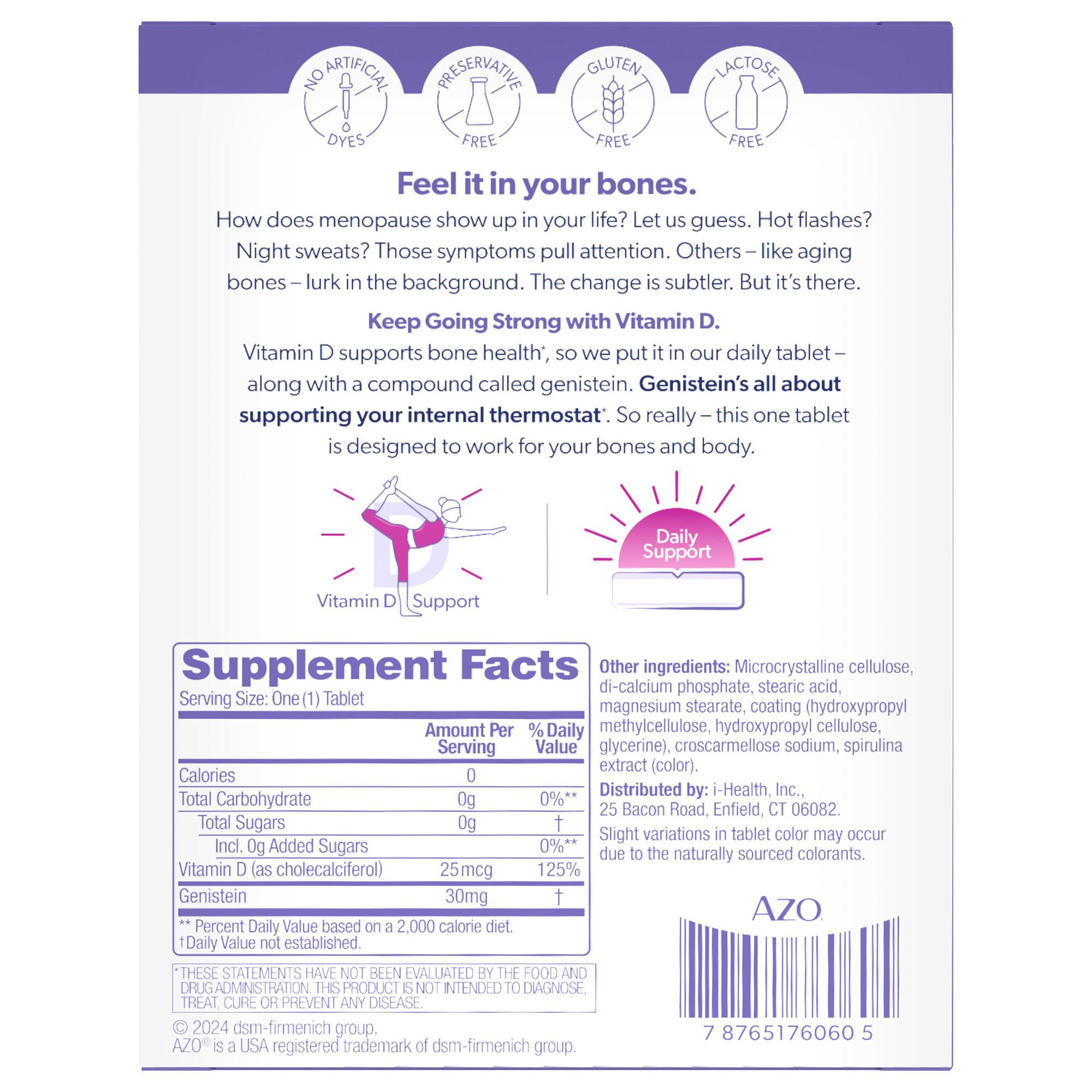 i-Health Inc - 787651760605 Dietary Supplement AZO® Genistein / Vitamin D 30 mg / 25 mcg Tablets 30 Tablets Unflavored