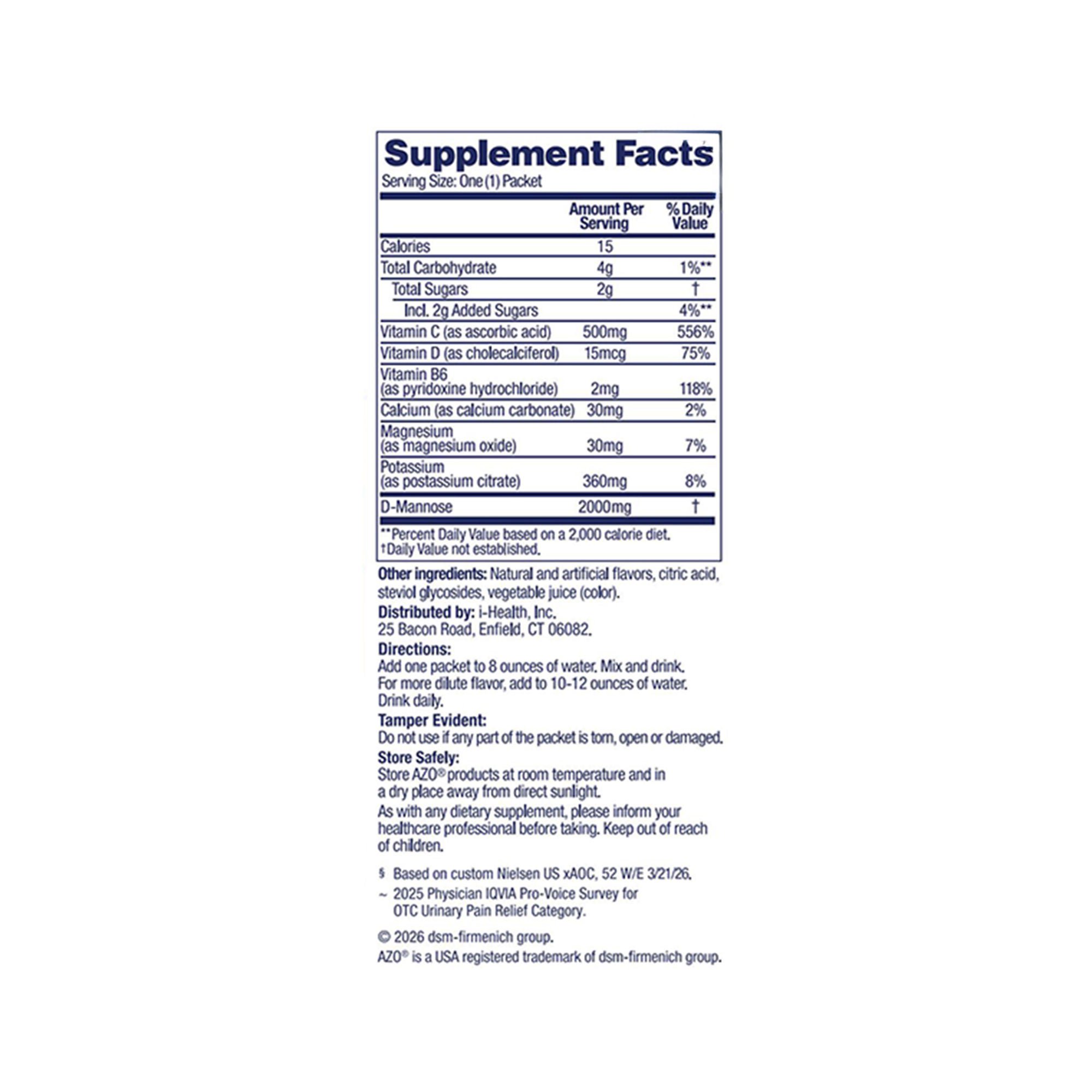 AZO D-Mannose Urinary Tract Health Dietary Supplement 787651760575 by i-Health