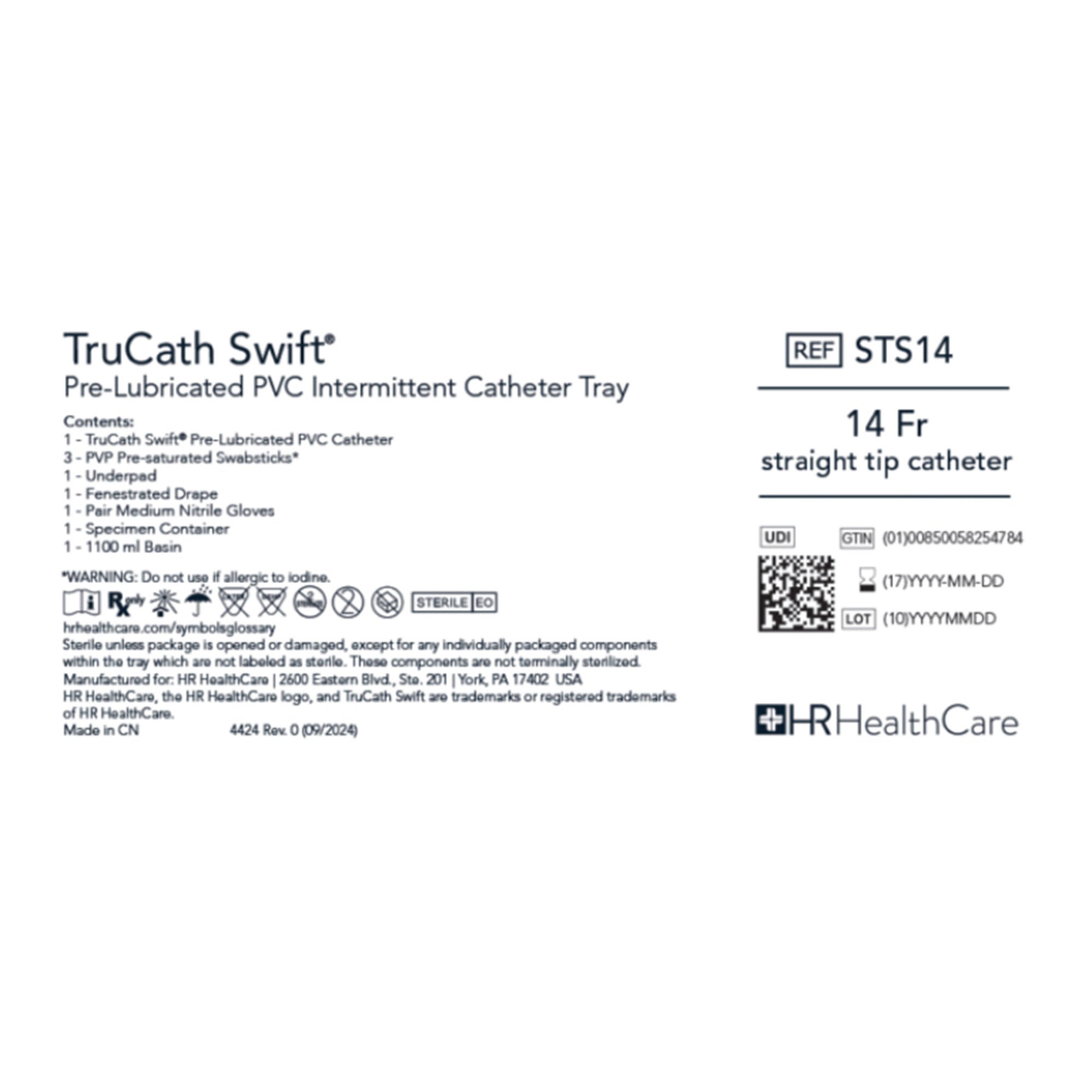 HR Healthcare - STS14 Intermittent Catheter Tray TruCath Swift® Urethral 14 Fr. Without Balloon PVC