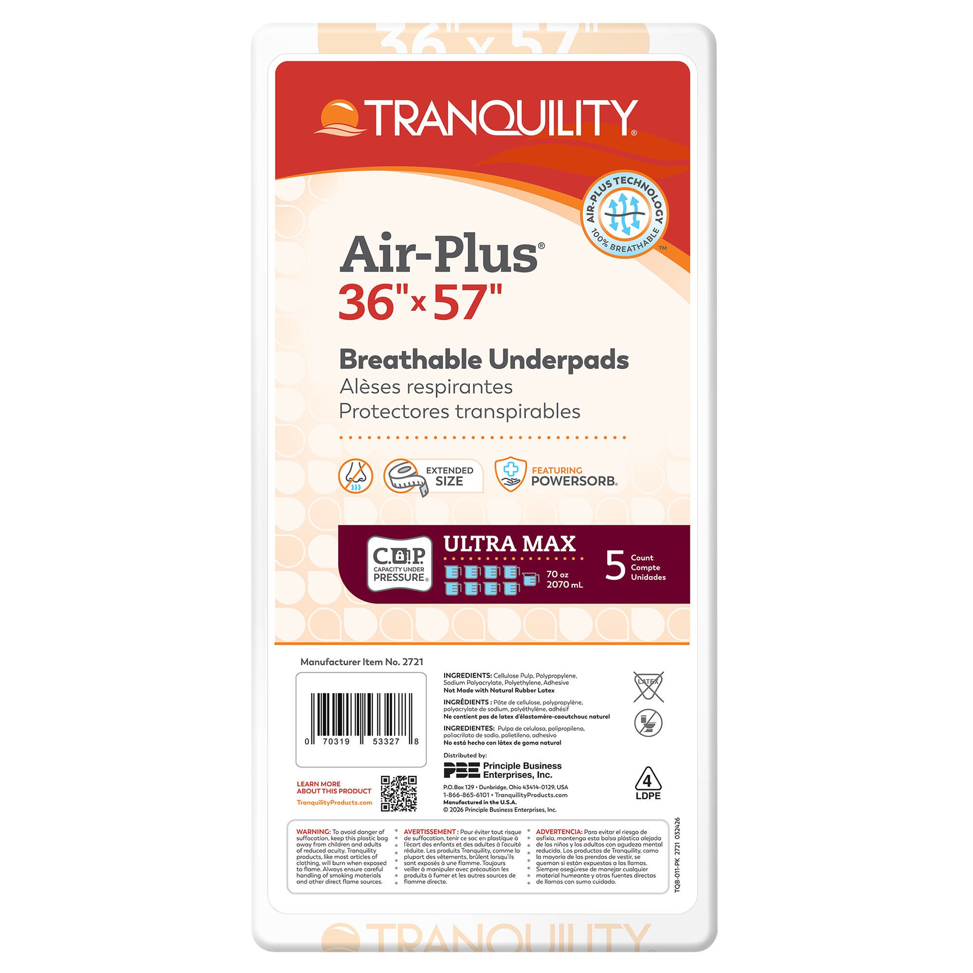 Principle Business Enterprises - 2721 Disposable Underpad Tranquility® Air-Plus™ Repositioning 36 X 57 Inch Powersorb® Material Heavy Absorbency