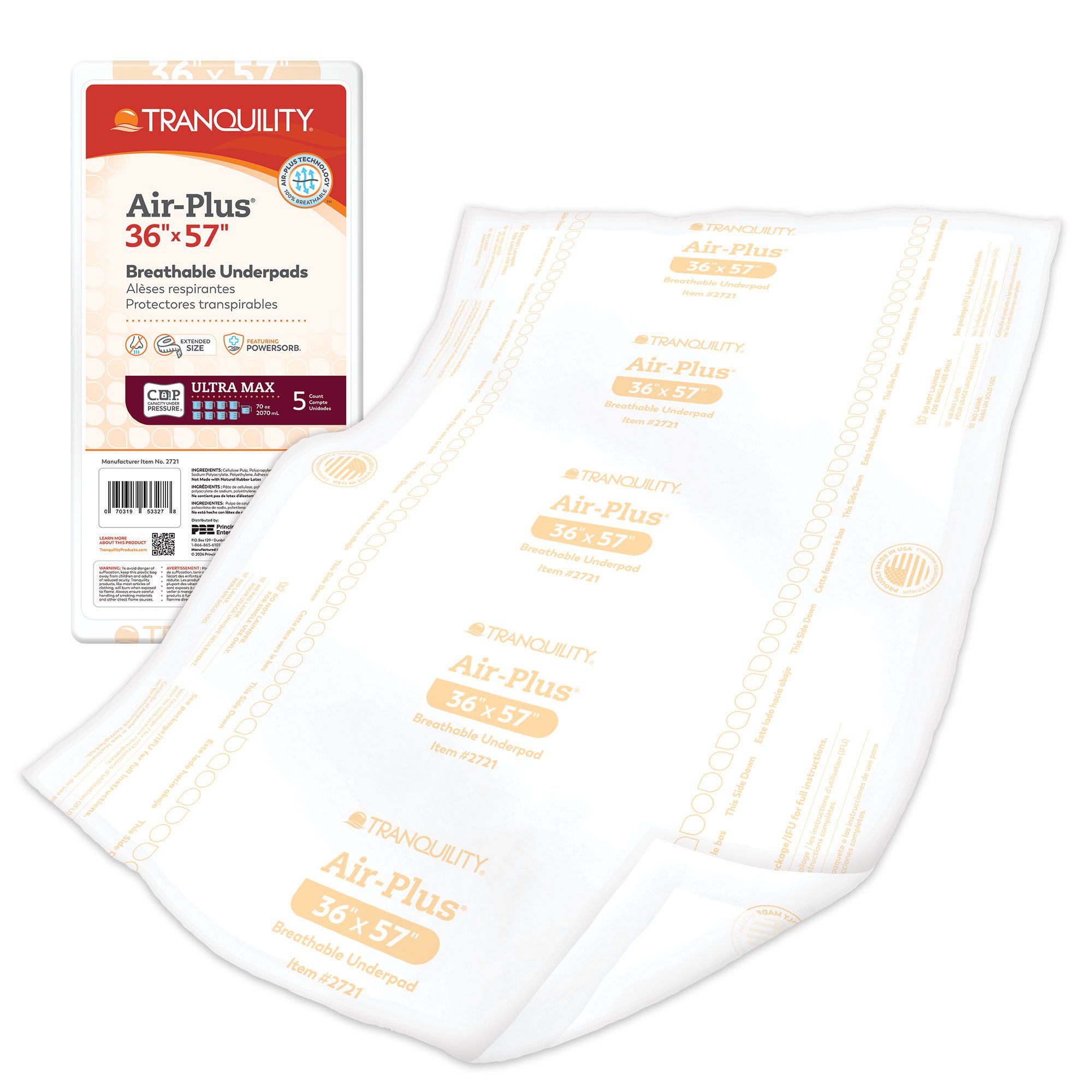 Principle Business Enterprises - 2721 Disposable Underpad Tranquility® Air-Plus™ Repositioning 36 X 57 Inch Powersorb® Material Heavy Absorbency