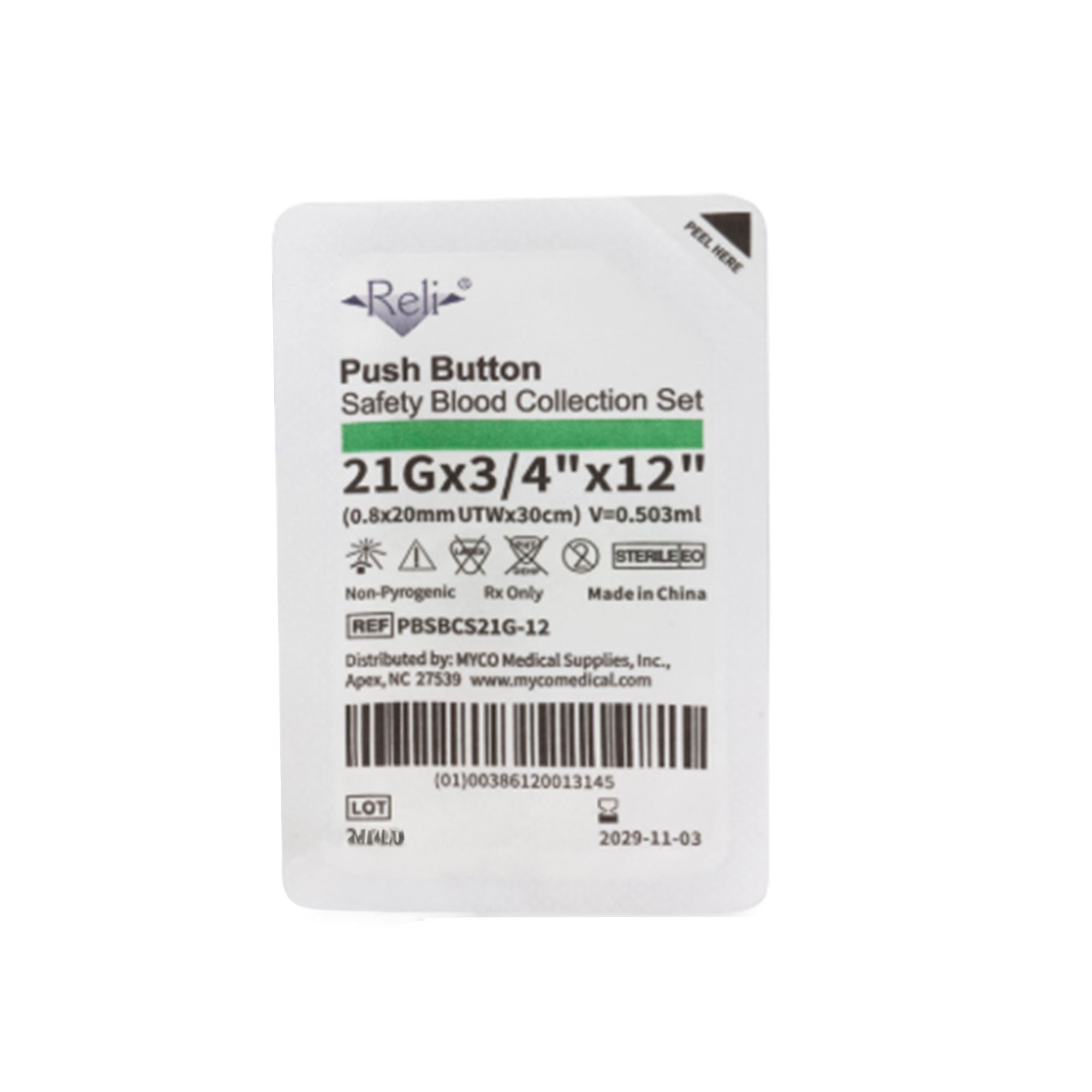 Myco Medical Supplies - PBSBCS21G-12 RELI® Blood Collection Set 21 Gauge 3/4 Inch Needle Length Safety Needle 12 Inch Tubing Sterile