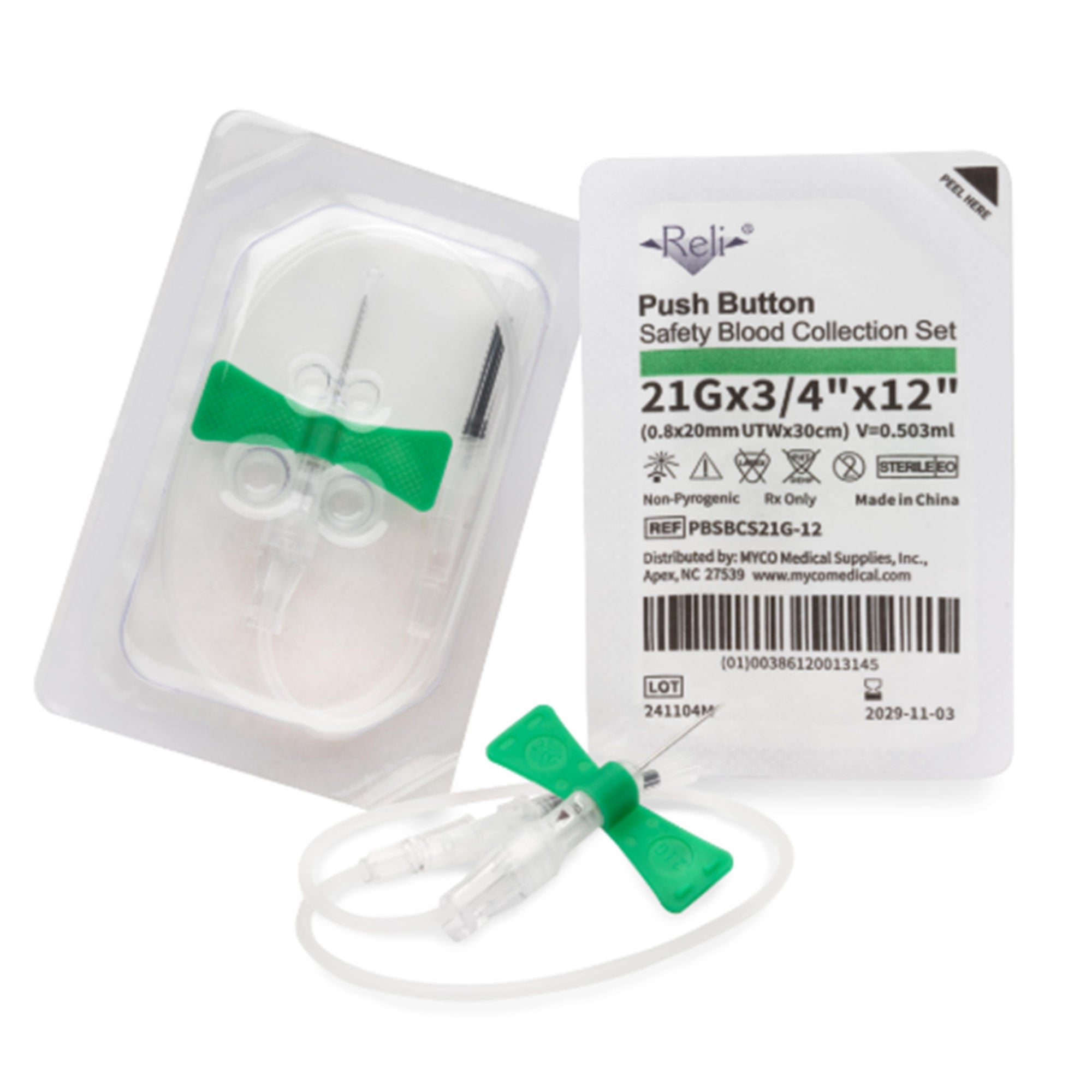Myco Medical Supplies - PBSBCS21G-12 RELI® Blood Collection Set 21 Gauge 3/4 Inch Needle Length Safety Needle 12 Inch Tubing Sterile