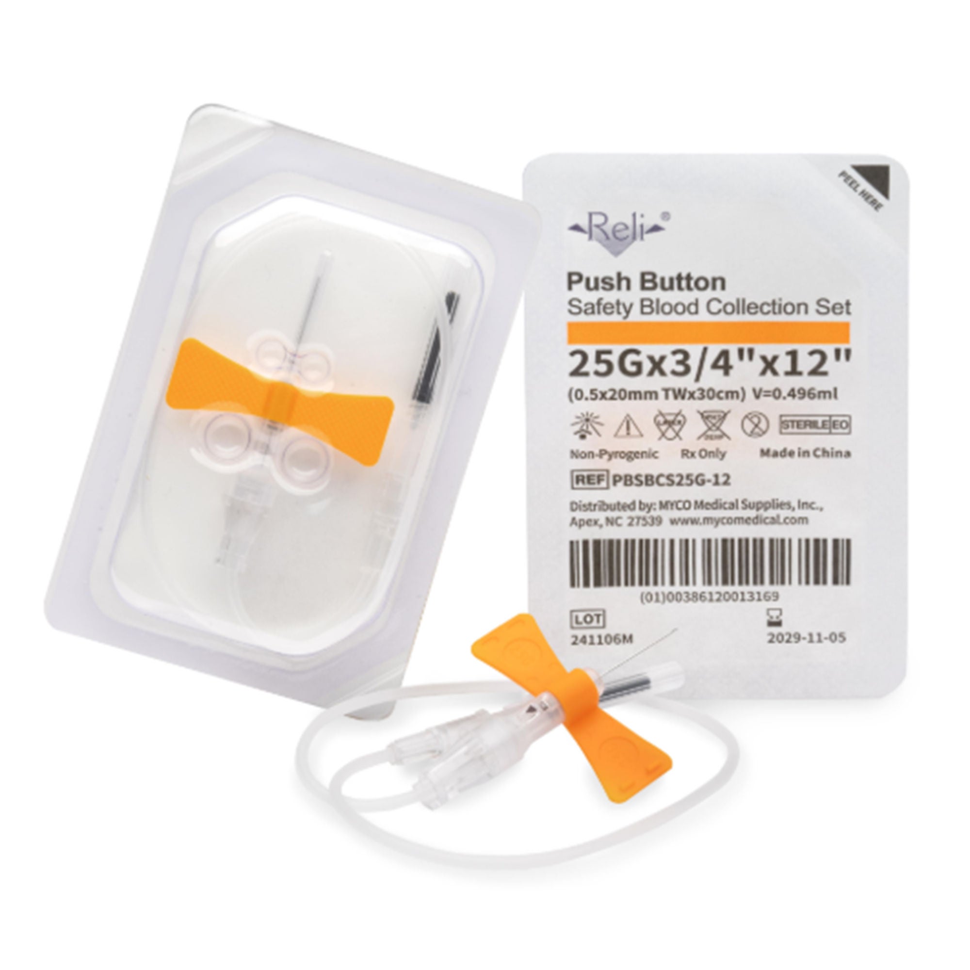Myco Medical Supplies - PBSBCS25G-12 RELI® Blood Collection Set 25 Gauge 3/4 Inch Needle Length Safety Needle 12 Inch Tubing Sterile