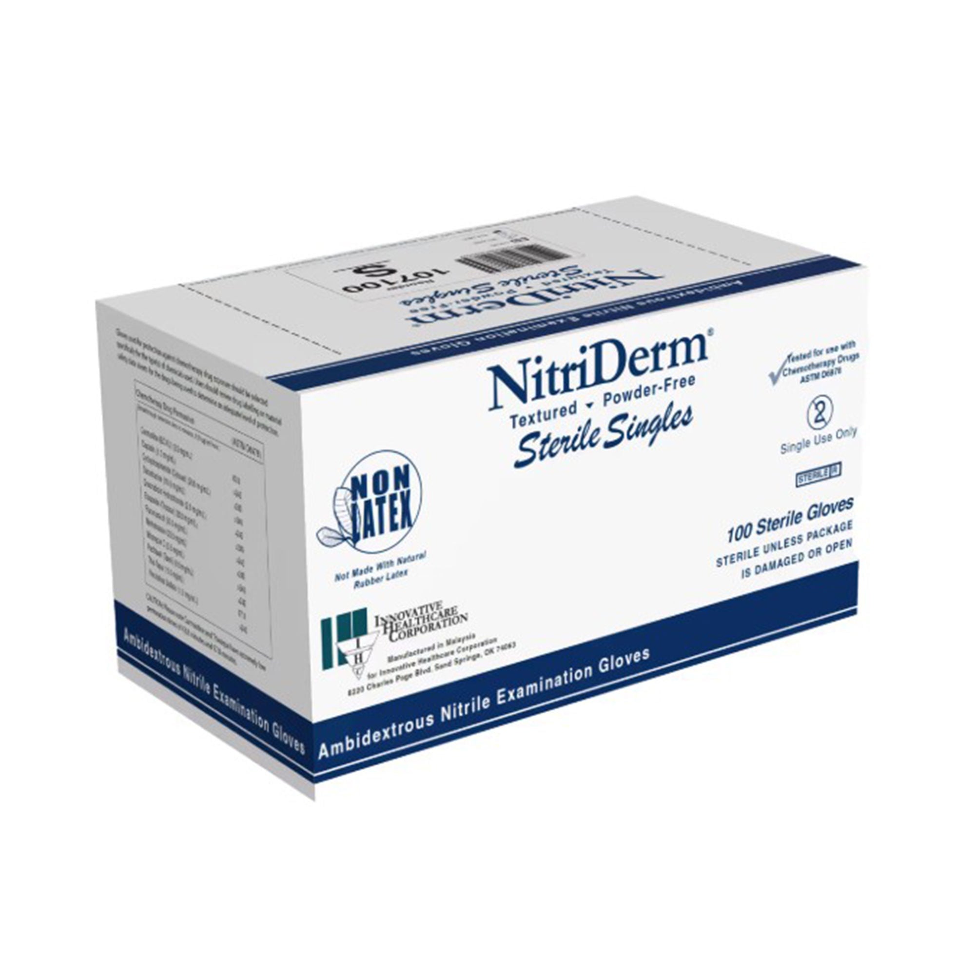 Innovative Healthcare Corp - 107300 Exam Glove NitriDerm® Series 107 Large 100 per Box Sterile Single Nitrile Standard Cuff Length Textured Fingertips Blue Chemo Tested
