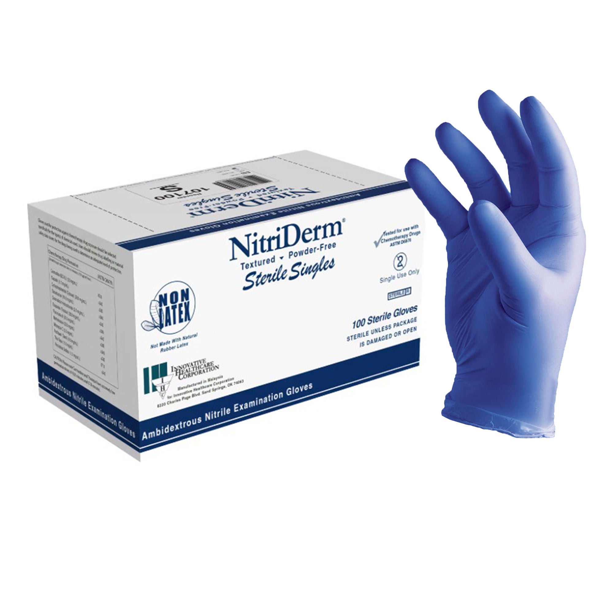Innovative Healthcare Corp - 107350 Exam Glove NitriDerm® Series 107 X-Large 100 per Box Sterile Single Nitrile Standard Cuff Length Textured Fingertips Blue Chemo Tested