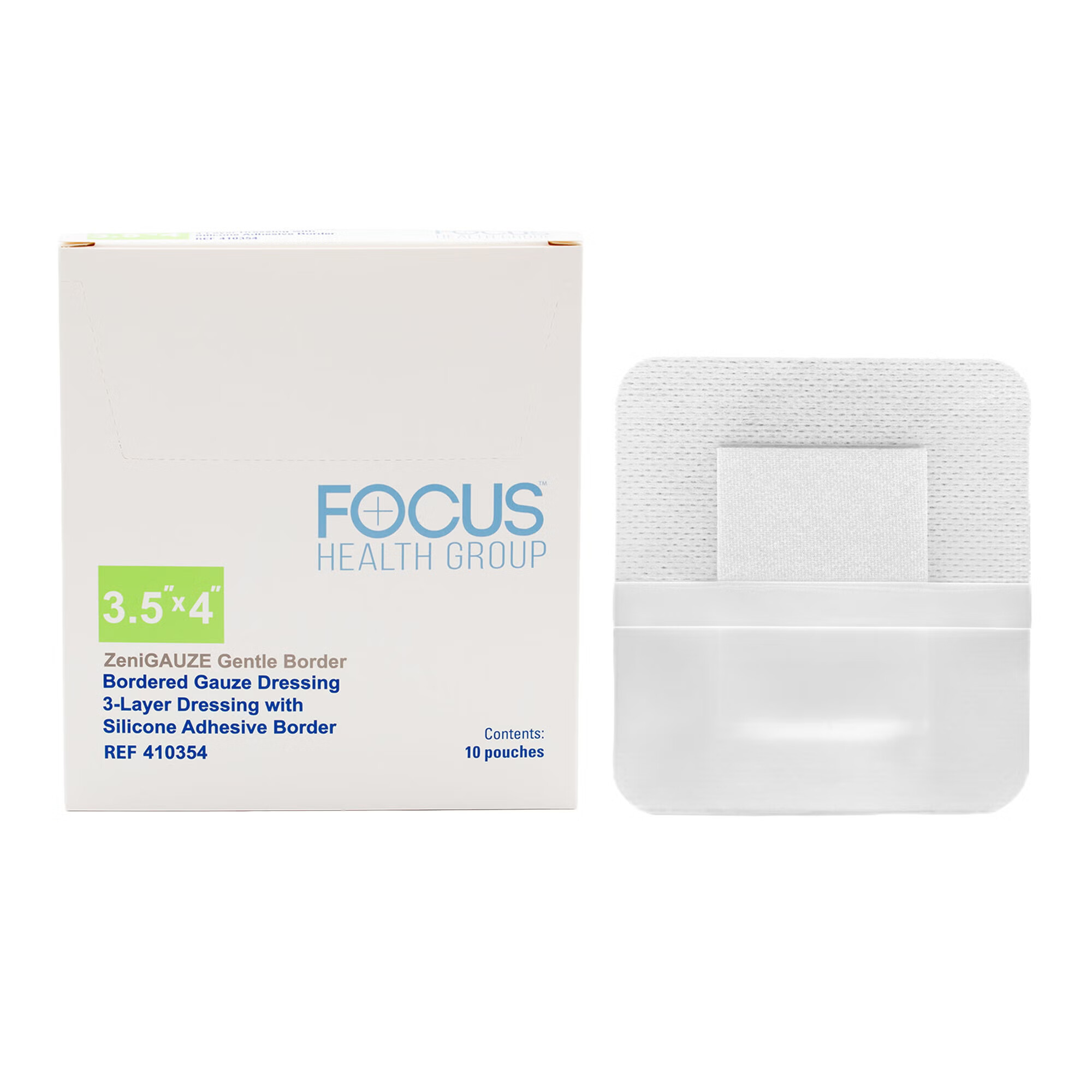Focus Health Group - 410354 Composite Dressing ZeniGAUZE™ Gentle Border 3-1/2 X 4 Inch Rectangle Sterile Polyurethane Film Backing