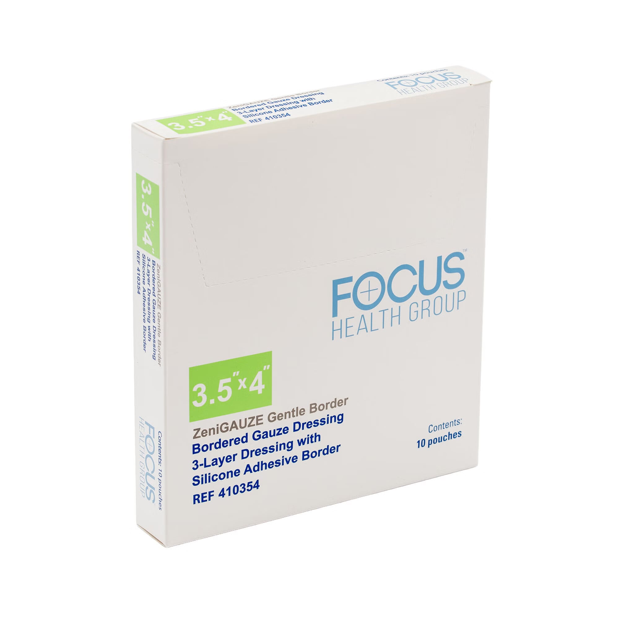 Focus Health Group - 410354 Composite Dressing ZeniGAUZE™ Gentle Border 3-1/2 X 4 Inch Rectangle Sterile Polyurethane Film Backing