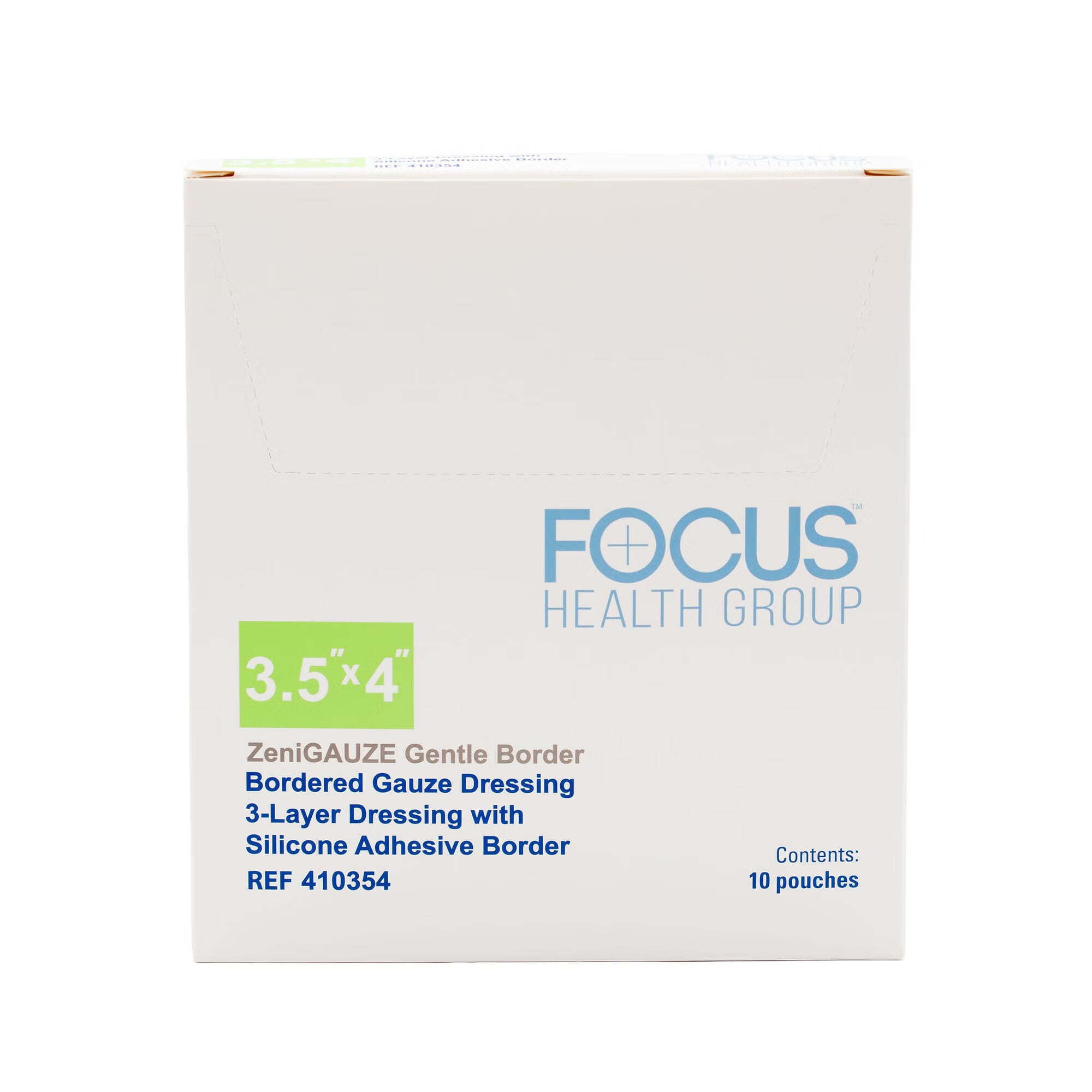 Focus Health Group - 410354 Composite Dressing ZeniGAUZE™ Gentle Border 3-1/2 X 4 Inch Rectangle Sterile Polyurethane Film Backing