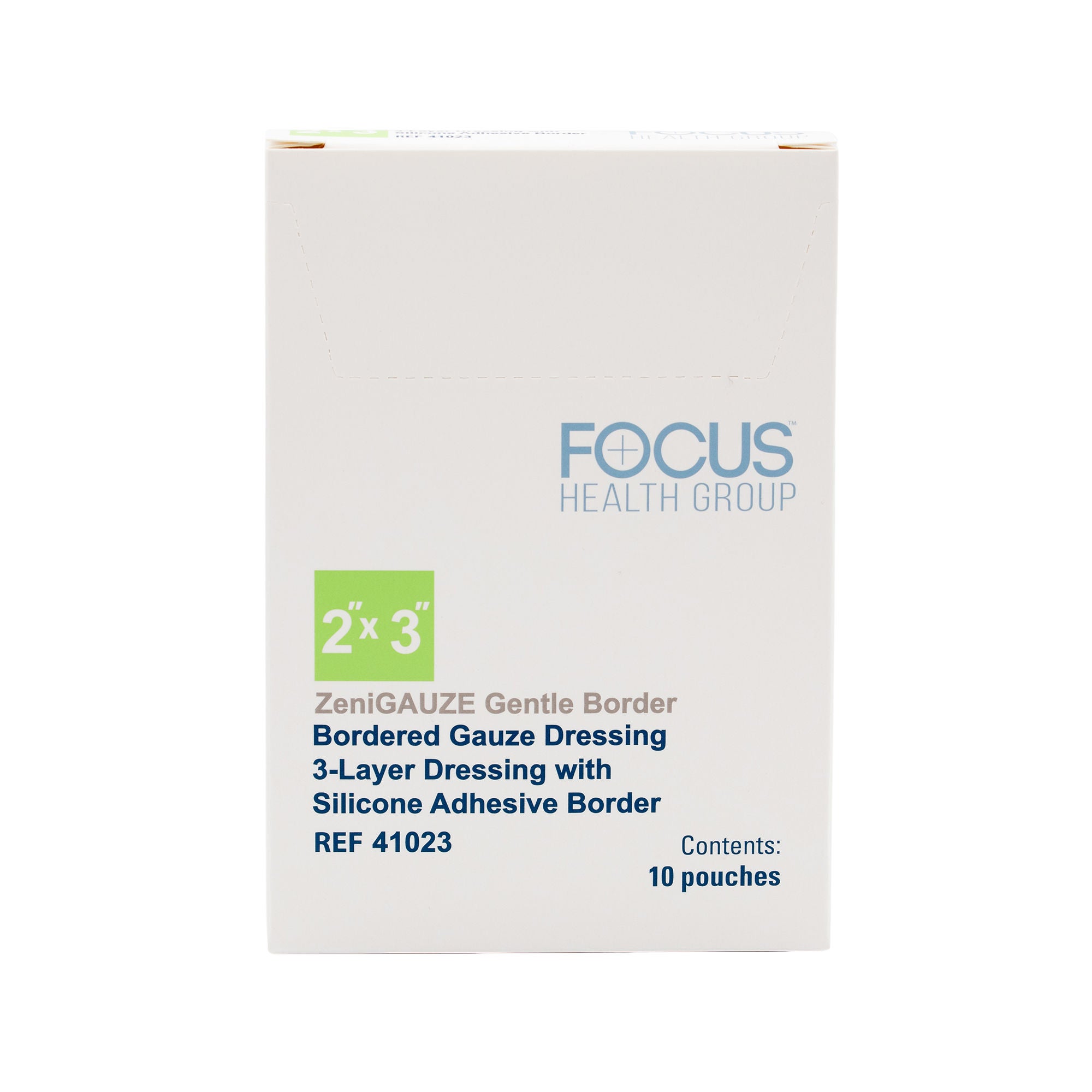 Focus Health Group - 41023 Composite Dressing ZeniGAUZE™ Gentle Border 2 X 3 Inch Rectangle Sterile Polyurethane Film Backing