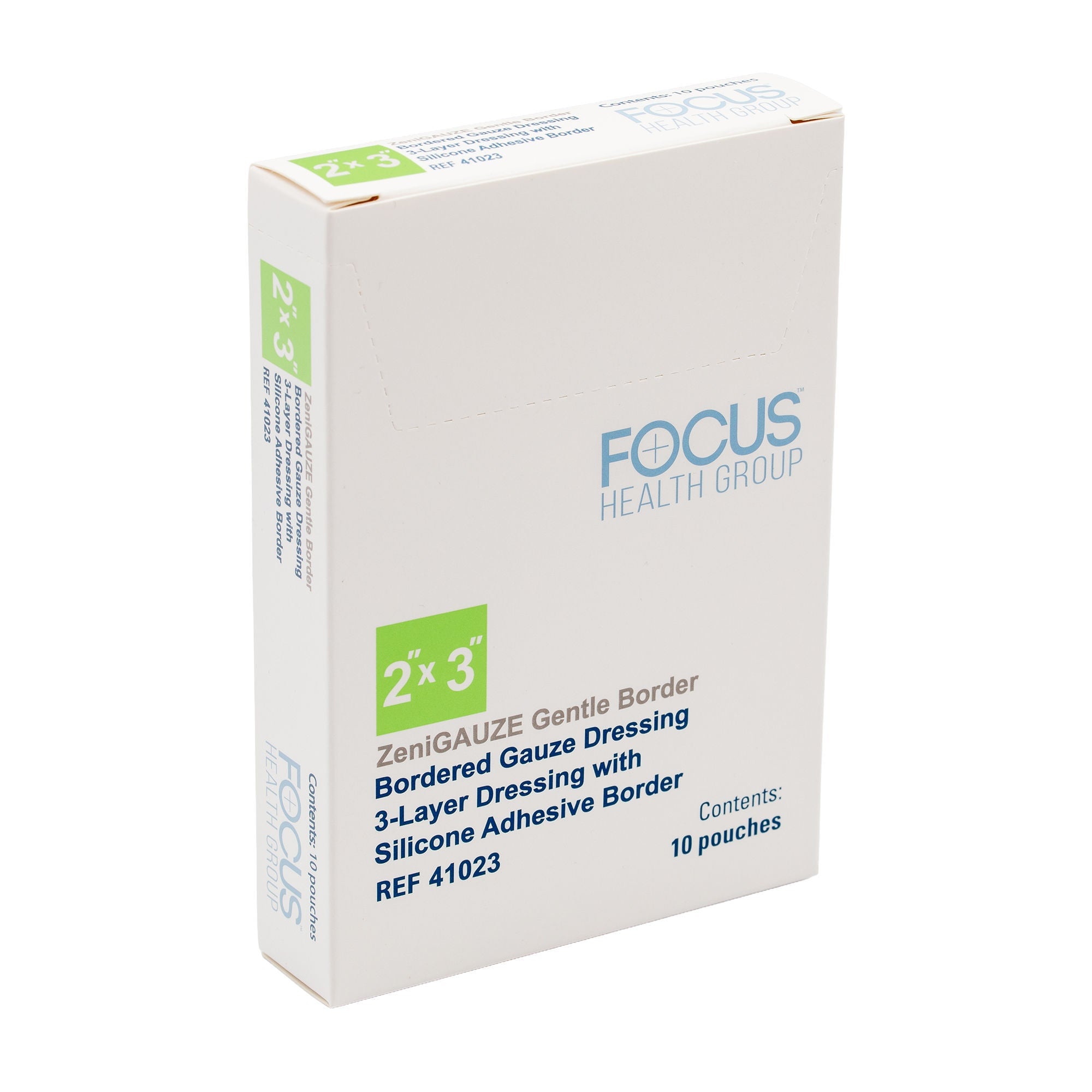 Focus Health Group - 41023 Composite Dressing ZeniGAUZE™ Gentle Border 2 X 3 Inch Rectangle Sterile Polyurethane Film Backing