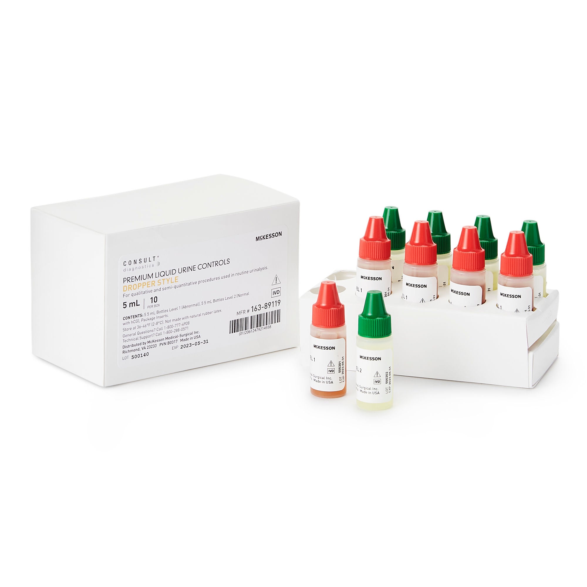 McKesson Brand - K-89119 Urine Chemistry Control Set McKesson Consult™ Analyte Testing Positive Level / Negative Level 5 Level 1 (Abnormal) 5 mL Bottles, 5 Level 2 (Normal with hCG) 5 mL Bottles